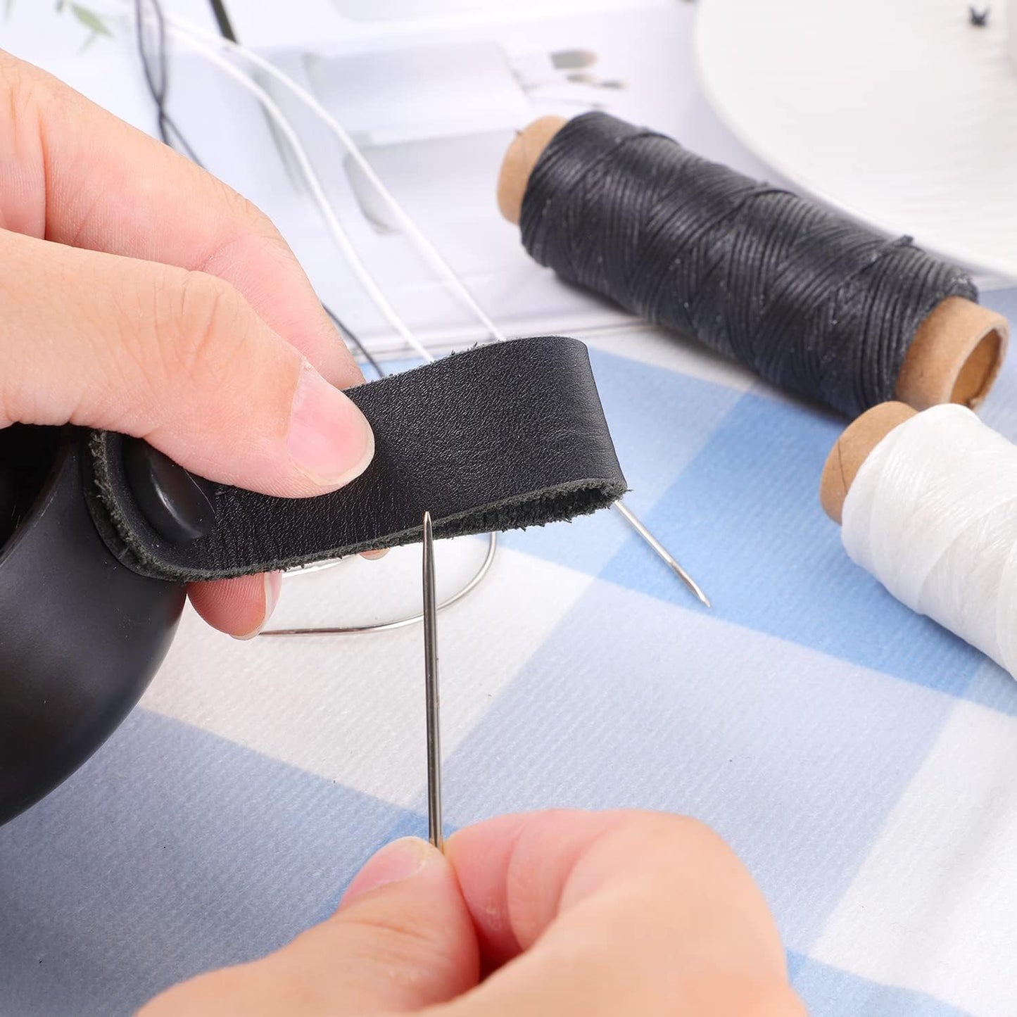 110Yards Waxed Thread with 7 Pcs Leather Needles for Hand Sewing - 150D Flat Waxed Thread - Leather Repair Needles for Upholstery, Canvas Bags, Furniture