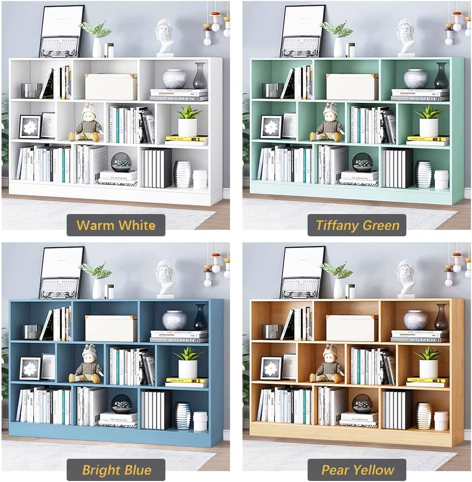 IOTXY Open Shelf Low Bookcase - Wooden 3-Tier Floor Standing Display Cabinet Organizer with Base, 10 Cubes Short Horizontal Bookshelf in Warm White