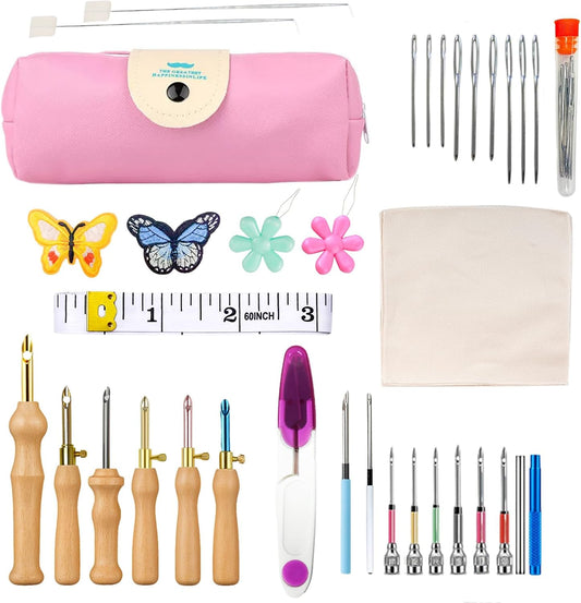 Punch Needle Kit, Adjustable Punch Needle Embroidery Kit Include Wooden Handle Embroidery Pen Set, Large Eye Needles, Punch Needle Cloth - Punch Needle Tool for Adult Beginners DIY Craft