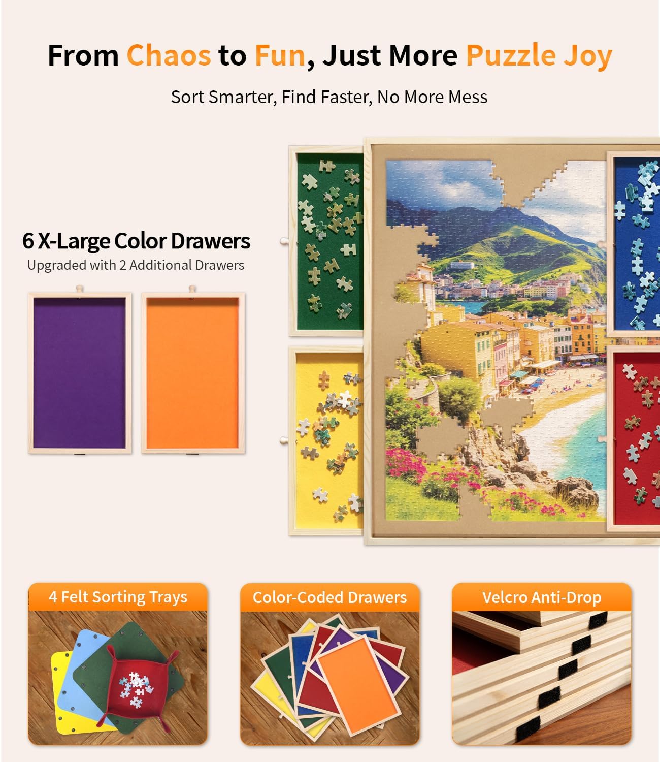 1000 Piece Rotating Puzzle Board Pro, 29" x 21" with 6 Drawers, Rubber Cover Mat, 360° Lasy Susan, Sort-Wise Colorful Felt Drawers & 4 Trays, Wooden Jigsaw Puzzle Table, Birthday Gifts for Mom