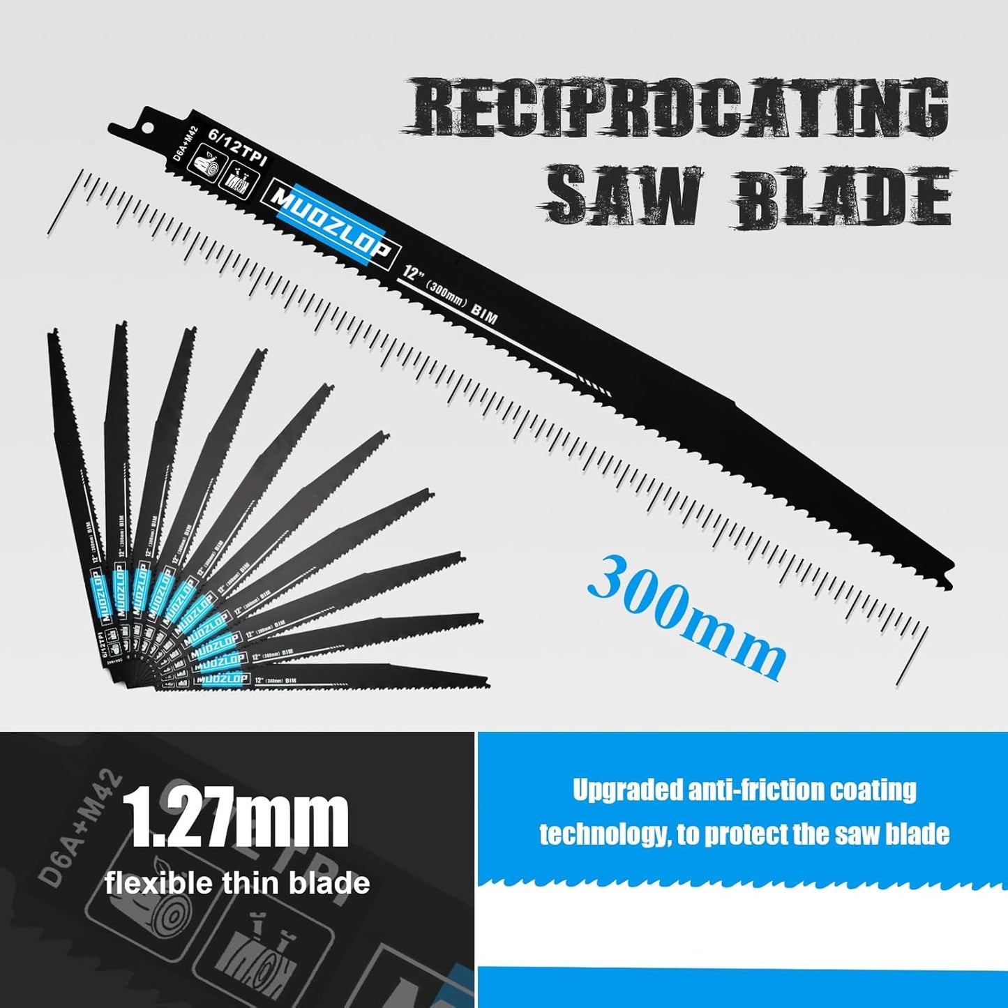 10Pack 12 inch Reciprocating Saw Blades Set,6/12TPI High Carbon Saw Blades, Woodcutting Saw Blades with Organizer Case (10, 6/12TPI/300mm)