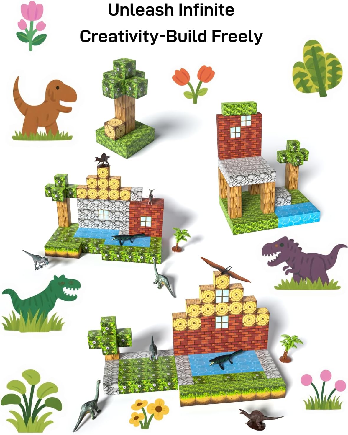 108PCS Magnetic Building Blocks with 6 Dinosaur Toys for Kids 3-5,Toddler World Magnetic Cubes ,STEM Toys for 4-8 5-7 Year Old Boys Girls,Sensory Creative Activities Holiday Birthday Party Favor Gift
