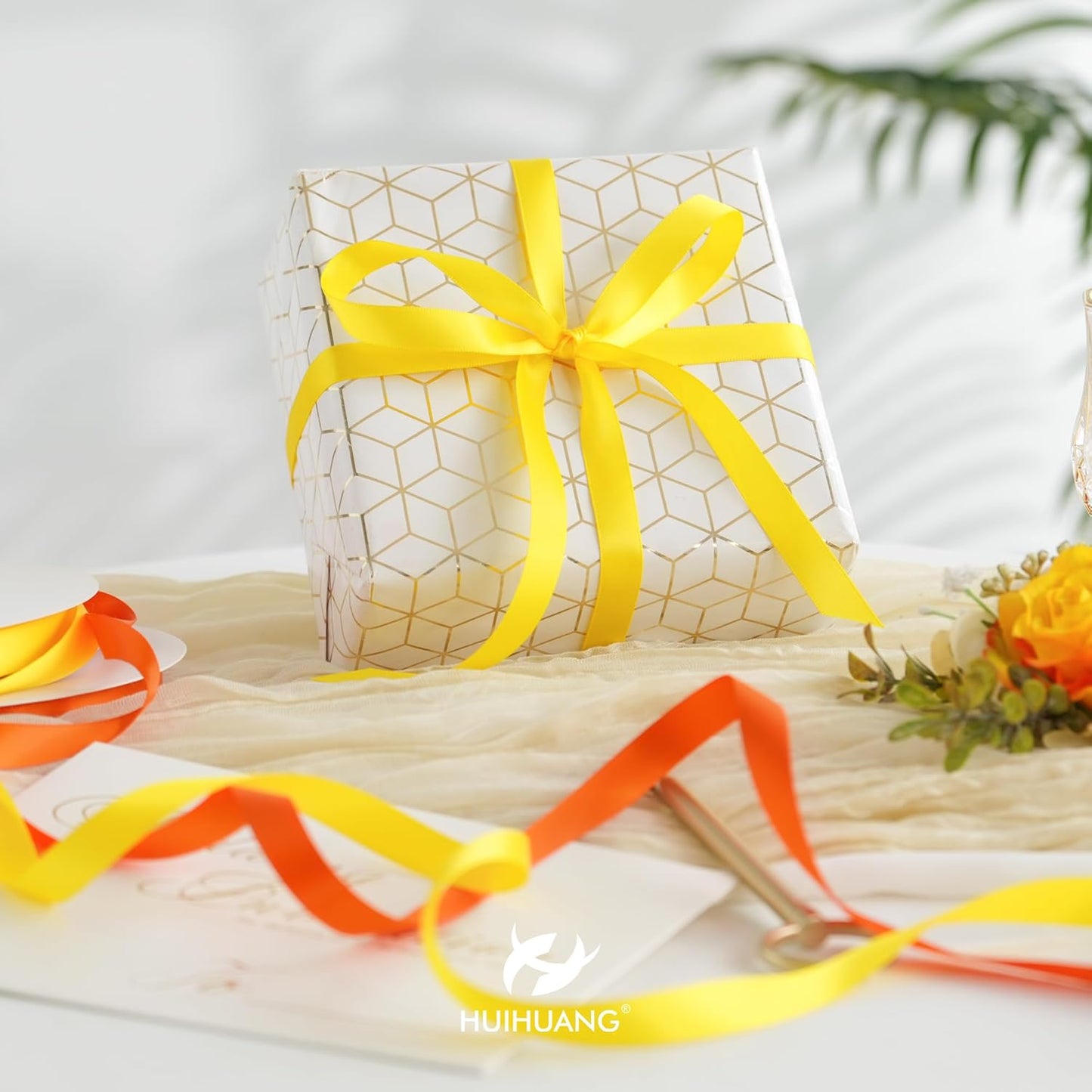 HUIHUANG Yellow Ribbon 1/2 inch Continuous 50 Yards Double-Faced Satin Ribbon for Gift Wrapping, Bows, DIY Crafts, Flower Bouquet, Wedding Decor, Holiday Decor