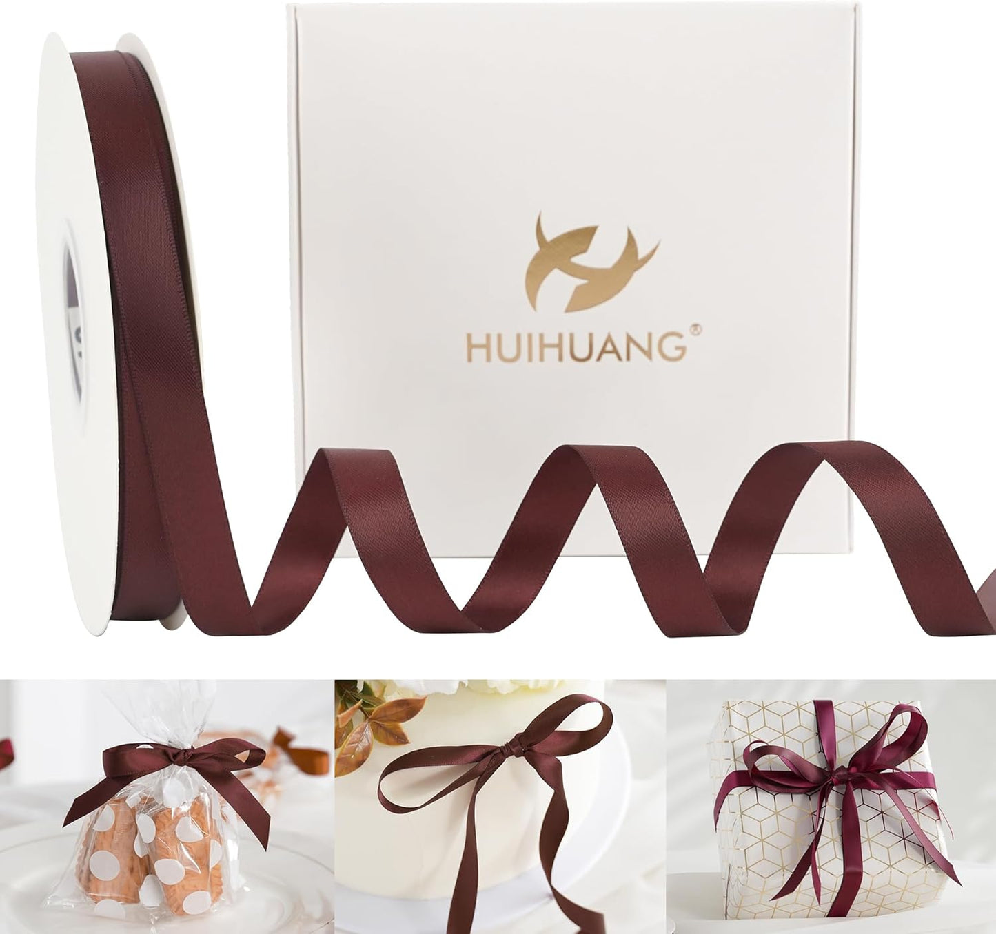 HUIHUANG Burgundy Satin Ribbon 1/2 inch X 50 Yards Continuous, Maroon Double-Faced Satin Ribbon for Gift Wrapping, Bows, DIY Crafts, Flower Bouquet, Wedding, Christmas Decor, Birthday