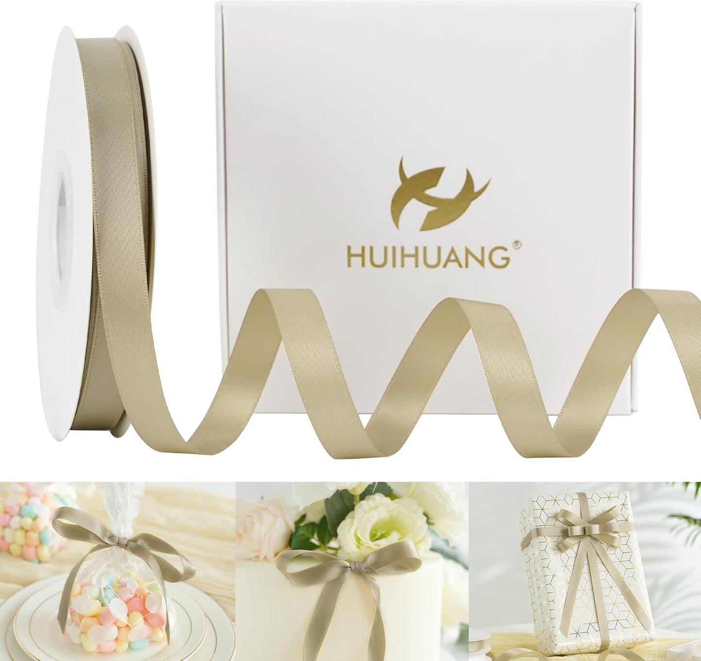 HUIHUANG Champagne Ribbon 1/2 inch X 50 Yards Continuous, Champagne Gold Double-Faced Satin Ribbon for Gift Wrapping, Bows, DIY Crafts, Flower Bouquet, Wedding Bridal Shower Decor