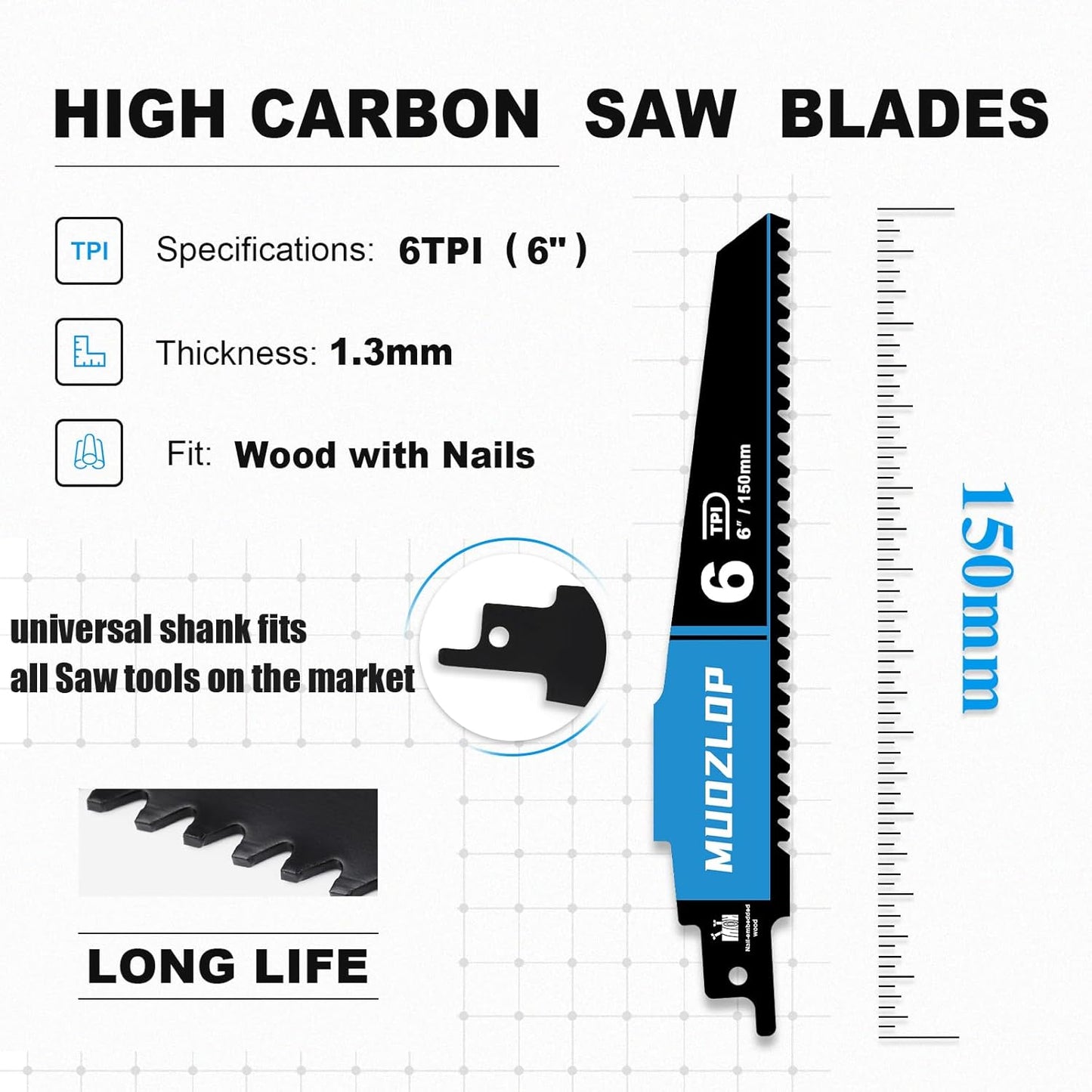 1 Pack 6 inch Reciprocating Saw Blades Set，6 TPI High Carbon Saw Blades for Wood with Nails ，Saw Blades with Organizer Case (1, 6T/6inch)