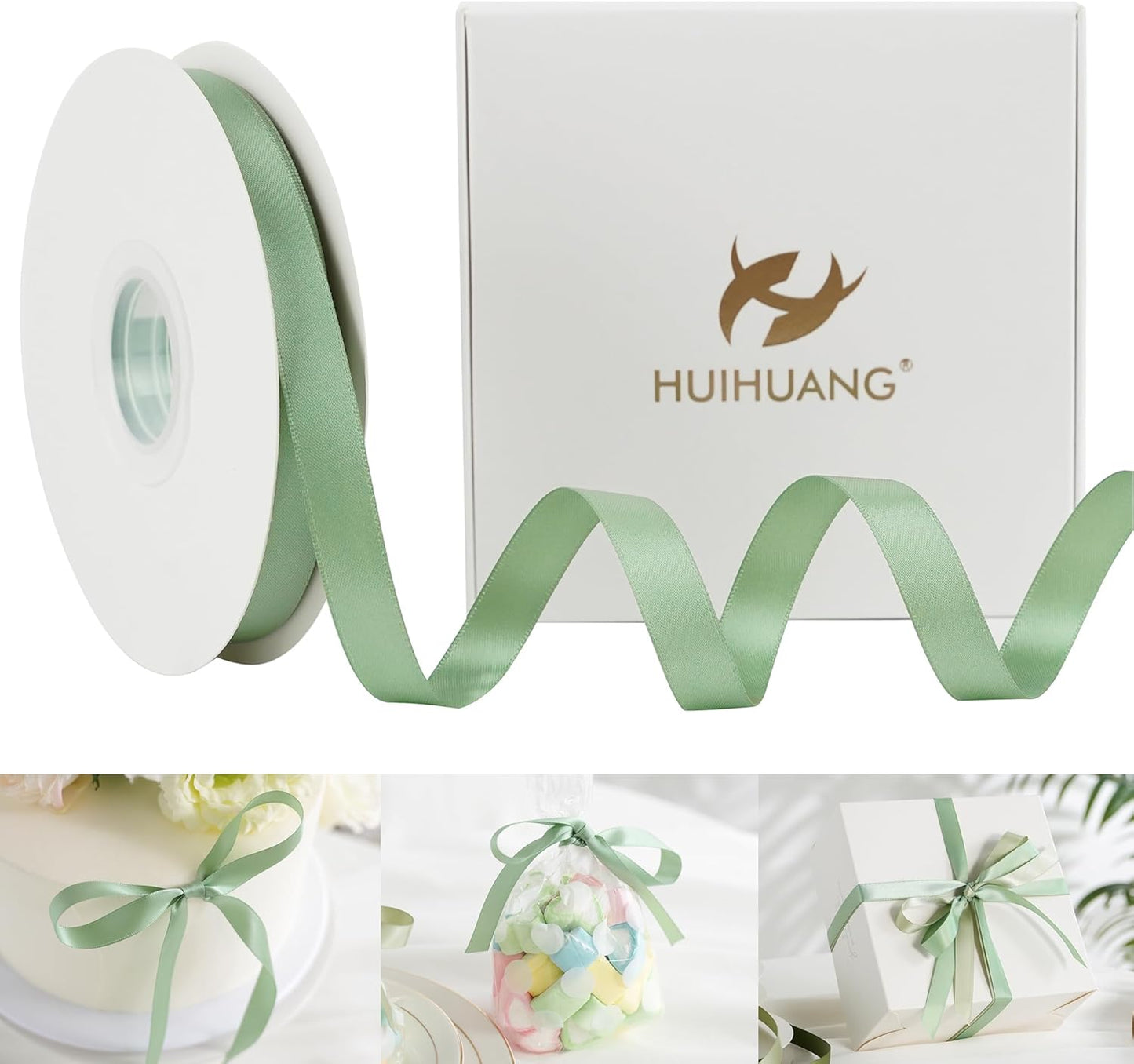 HUIHUANG Sage Green Satin Ribbon 1/2 inch X 50 Yards Continuous, Light Green Double-Faced Satin Ribbon for Gift Wrapping, Bows, DIY Crafts, Flower Bouquet, Bridal Shower Wedding Decor