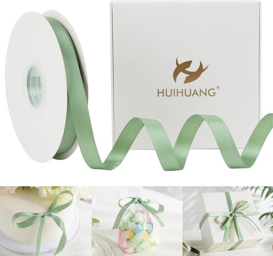 HUIHUANG Sage Green Satin Ribbon 1/2 inch X 50 Yards Continuous, Light Green Double-Faced Satin Ribbon for Gift Wrapping, Bows, DIY Crafts, Flower Bouquet, Bridal Shower Wedding Decor