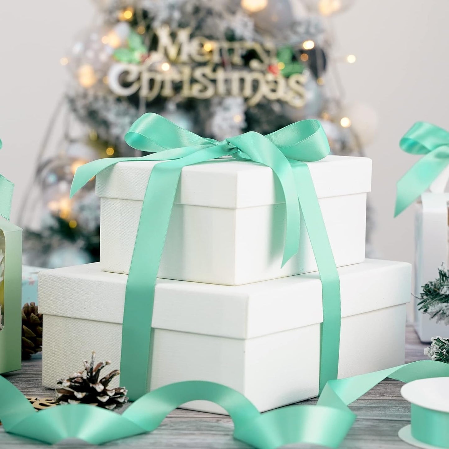 HUIHUANG Satin Ribbon 1 inch Aqua Blue Ribbon 50 Yards Aqua Blue Double Face Silk Satin Ribbons for Crafts Christmas Tree Decor Gift Wrapping Bows Bridal Floral Bouquet Wedding Baby Shower Decor