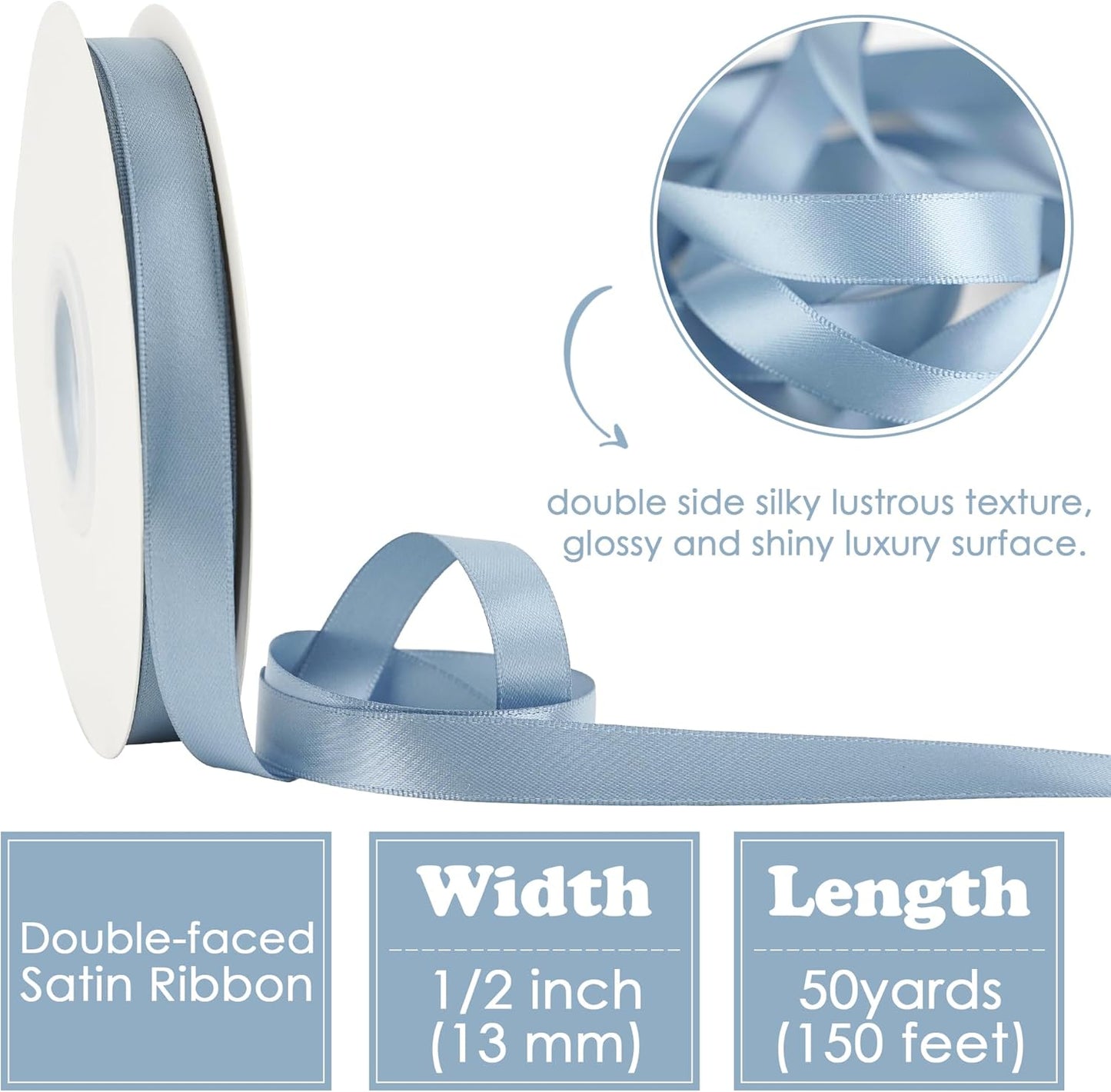 HUIHUANG Dusty Blue Satin Ribbon 1/2 inch X 50 Yards Continuous, Blue Double-Faced Satin Ribbon for Gift Wrapping, Bows, DIY Crafts, Flower Bouquet, Bridal Wedding Decor, Flower Crowns Decor