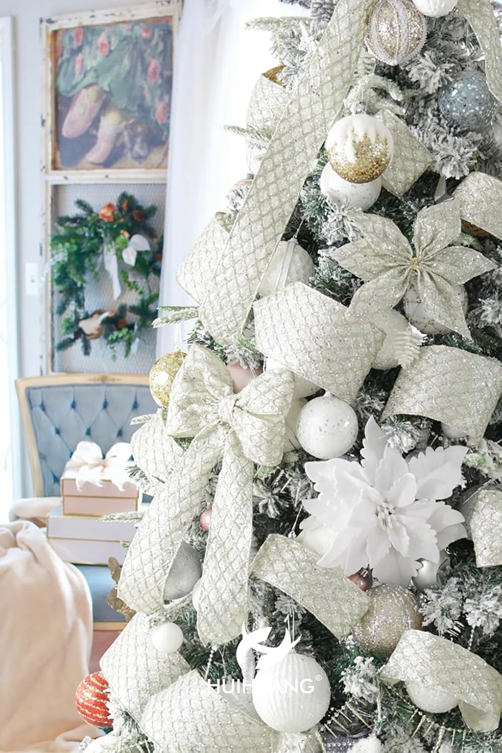 HUIHUANG Champagne Wired Ribbon 4 inch Glitter Christmas Tree Ribbon Diamond Mesh Wire Ribbon for X-mas Tree Decorations, Wreaths, Garland, Large Bows Making, Wedding Decor -10 Yards