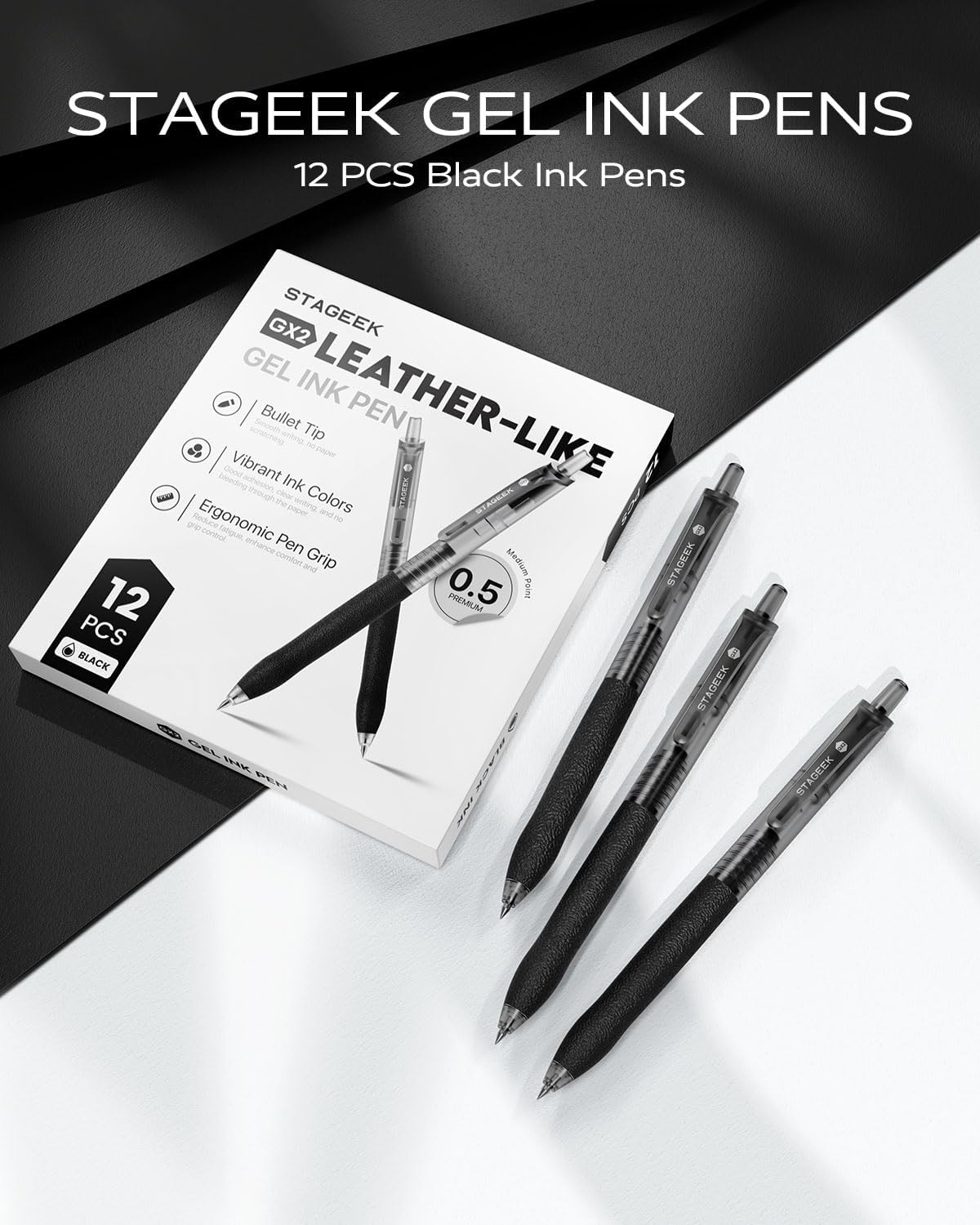 0.5mm Gel Pens Fine Point Smooth Writing Pens, 12PCS Black Ink Pens, Retractable Leather-Like Black Gel Pens, Business Gel Pen for Journaling, Writing, School, Office Use (Black)