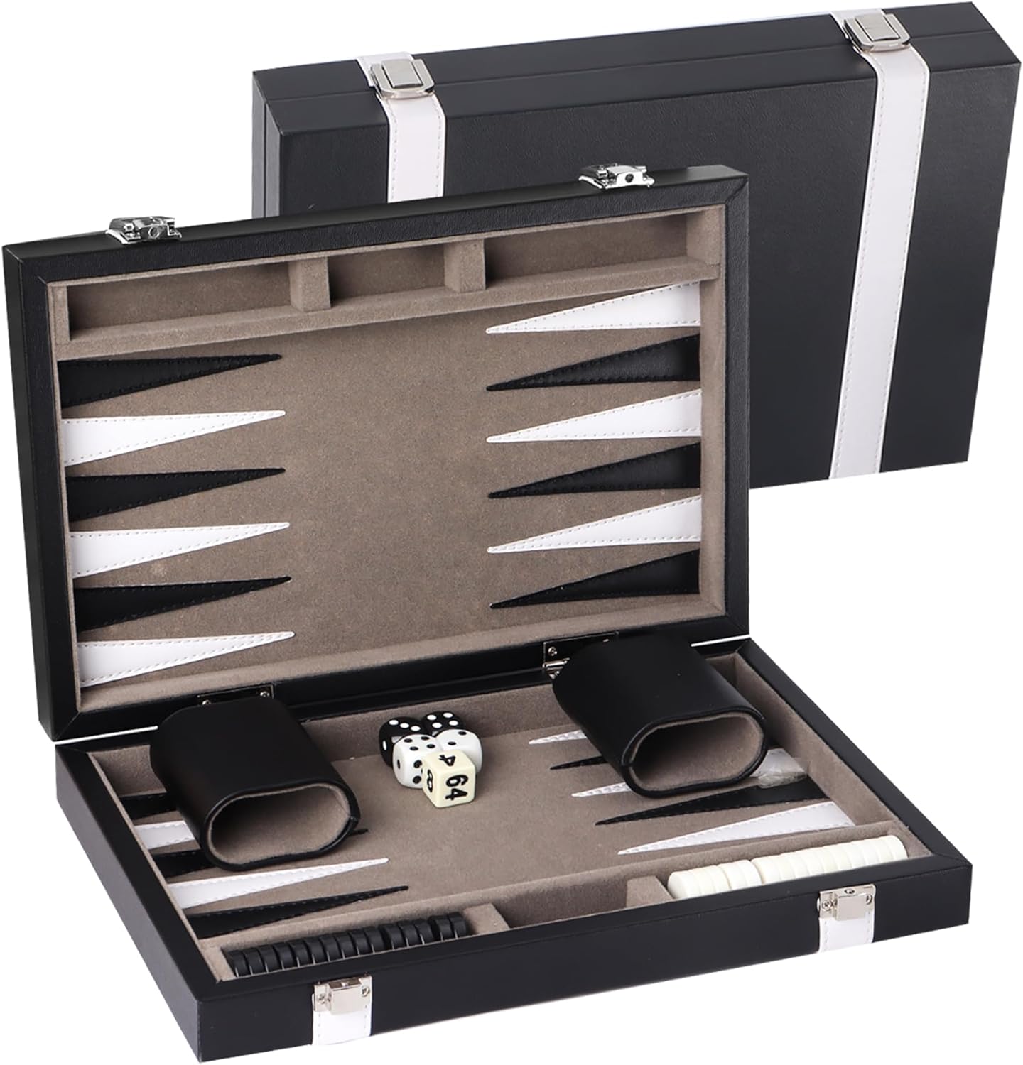 GSE Games & Sports Expert Premium Leather Backgammon Board Game Set, Classic Backgammon Game Set with Leather Case, Travel Folding Board Game (Black&Grey, Small)