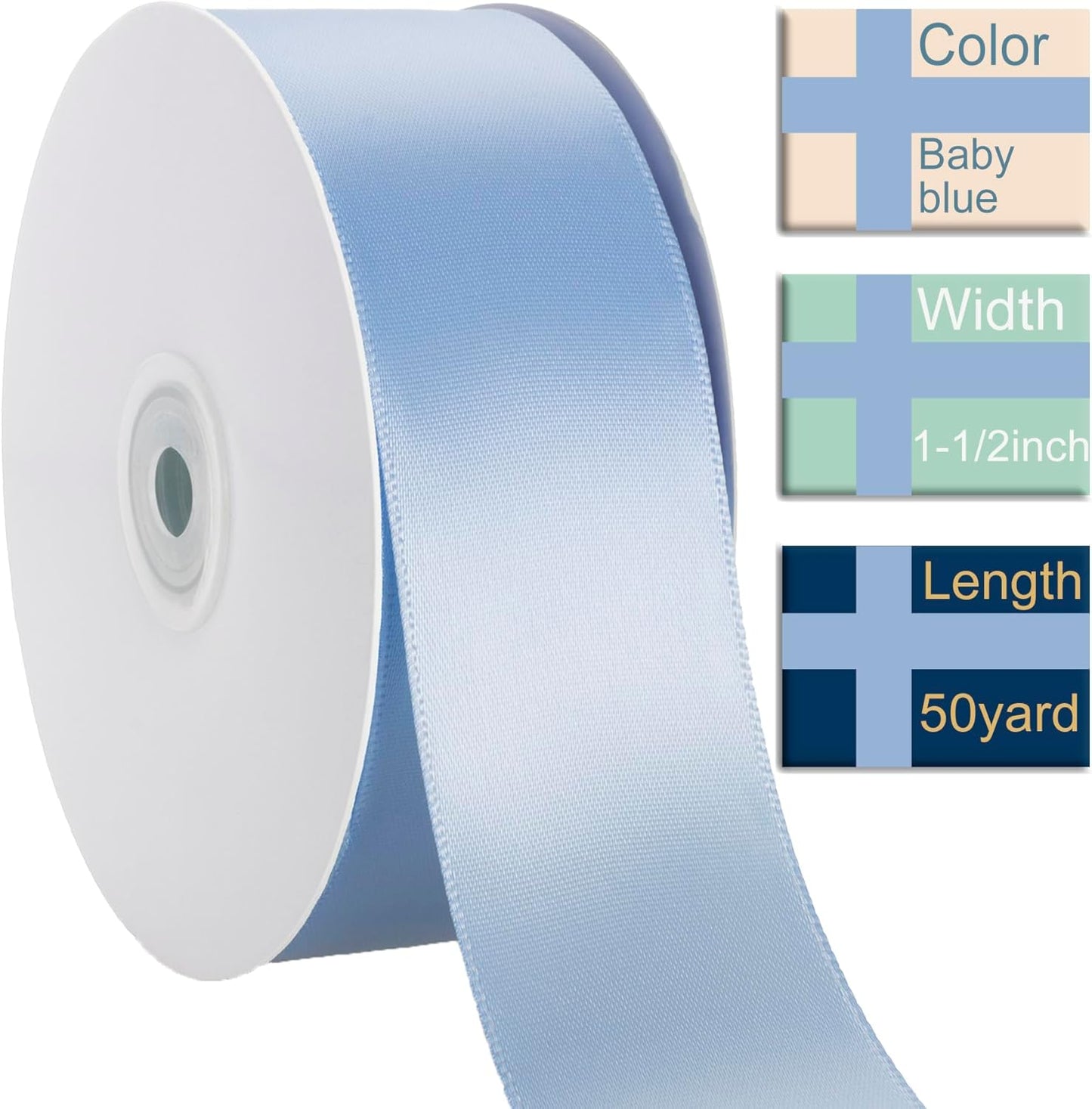 1-1/2 Inch Baby Blue Ribbon, 50 Yards Craft Polyester Satin Ribbon Perfect for Gift Wrapping, Handmade Roses, Wedding Party Decorations and DIY Crafts