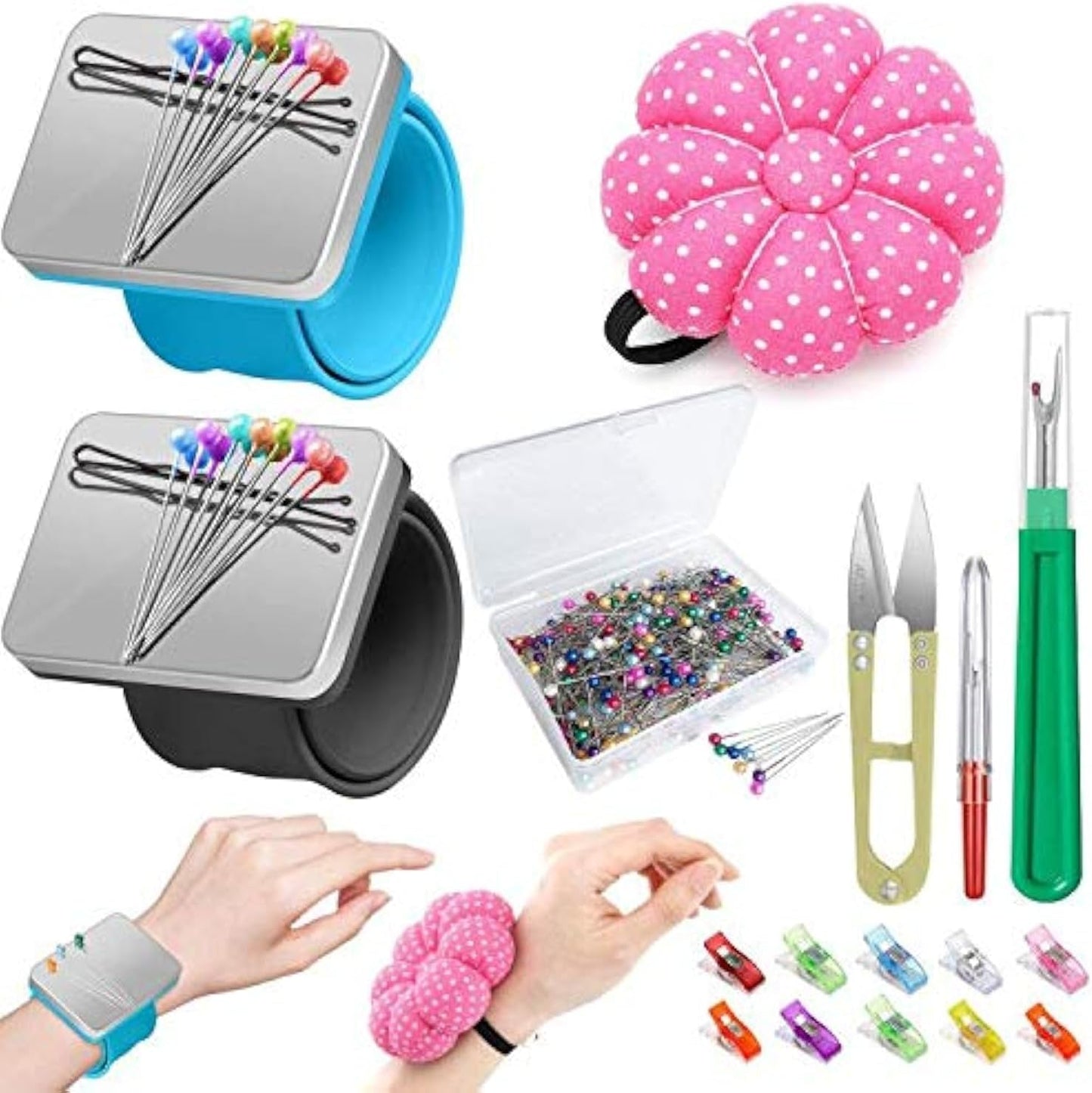 ICNOW Sewing Kit - 216 Pcs, 2 Magnetic Wrist Pincushions, 200 Straight Pins, 10 Clips, 2 Seam Rippers, 1 Scissor