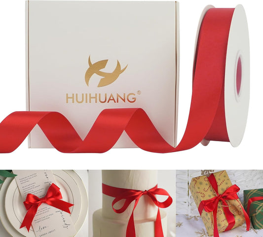 HUIHUANG Red Satin Ribbon - 1 inch x 50 Yards Double-Faced Polyester Silk for Gift Wrapping, Wedding Invitations, Hair Bows, Christmas Decor, Floral Arrangement