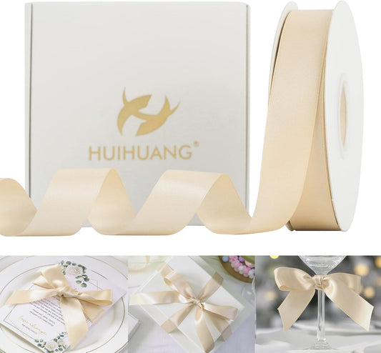 HUIHUANG Champagne Satin Ribbon 1 inch Silk Satin Ribbon 50 Yards Double Face Satin Ribbons for Wedding Decor Christmas Gift Wrapping Tree Decor Bows Bridal Floral Bouquet Invitation Card Party