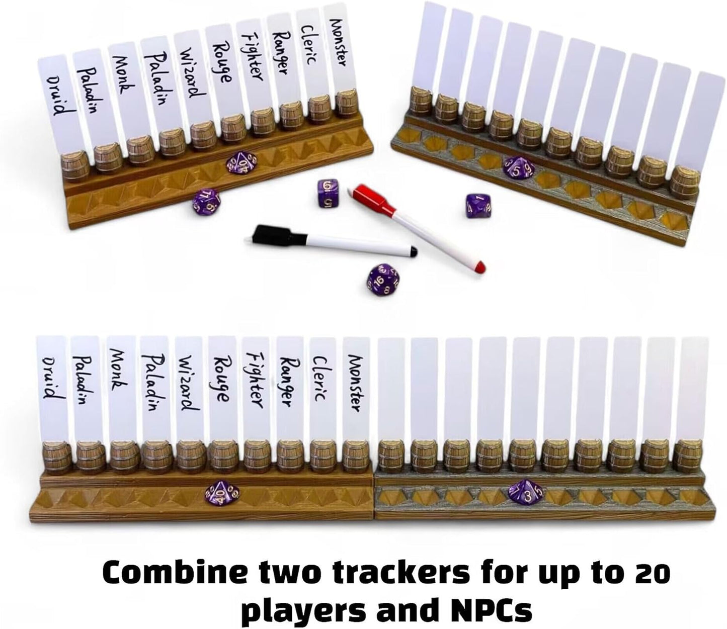 Initiative Tracker with 10 Barrel Slots, Erasable Name Tags, and Dice for Tracking Order. Ideal for DND and Other TTRPGs Brown with Silver