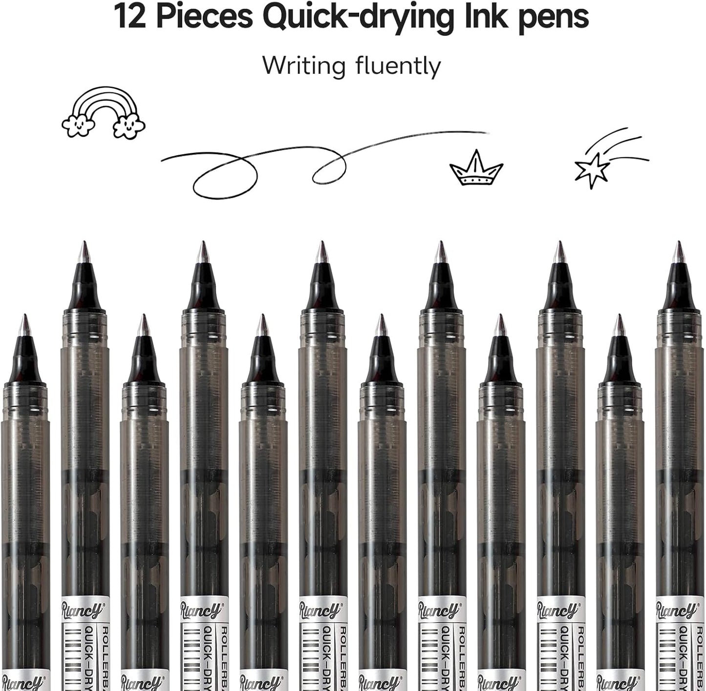 RIANCY Black Fine Point Gel Pens 12Pcs 0.5mm Gel Ballpoint Pens Black Liquid Ink Pens No Smear No Bleed, Smooth Writing Pen for Journaling Note Taking Drawing Sketching Coloring Office School Supplies