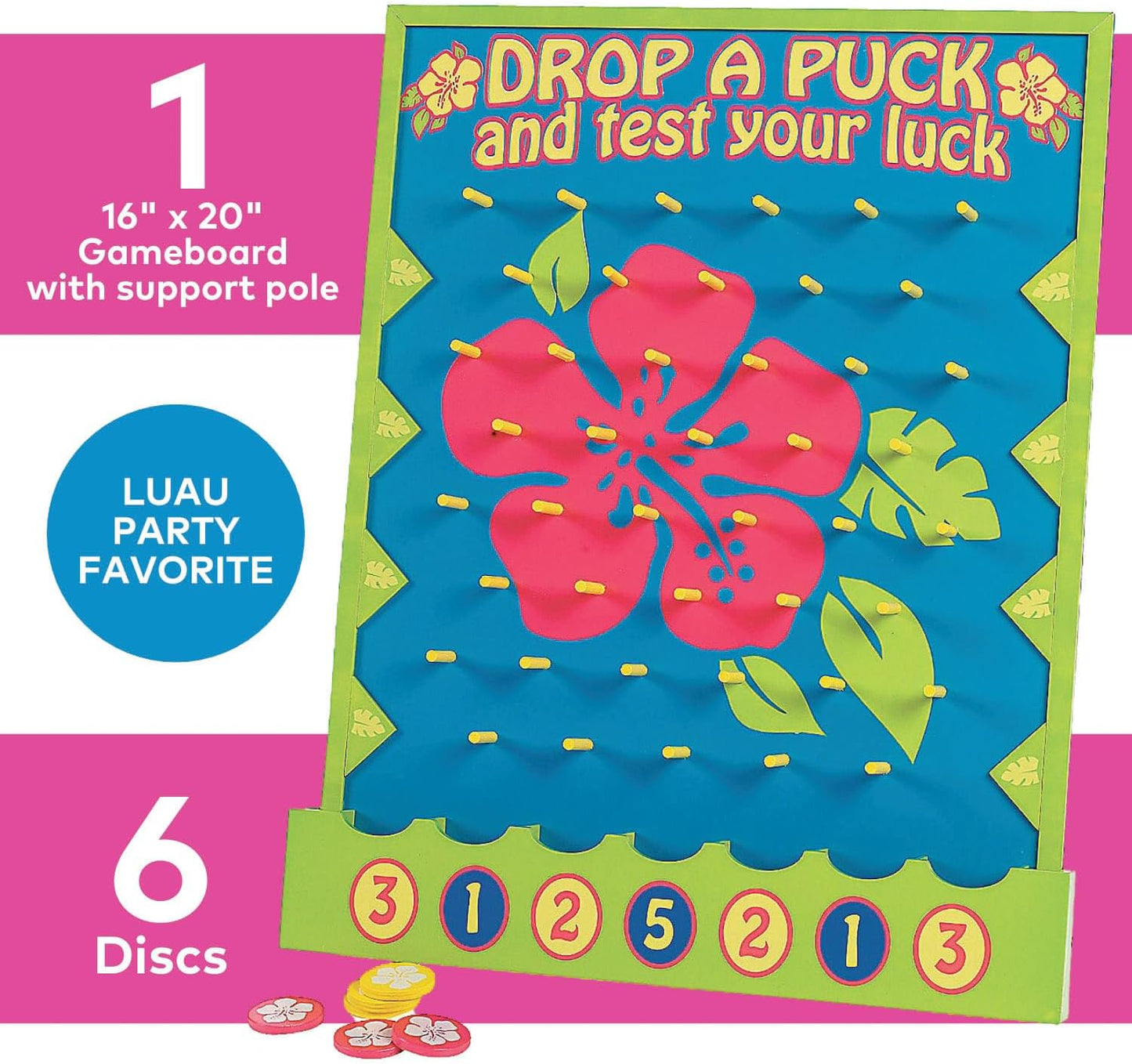 Fun Express 16" x 20" Tropical Luau Multicolor Wood Tabletop Disc Drop Game - 8 Pieces in Set - Great for Vacation Bible School, Birthday Parties and Luaus