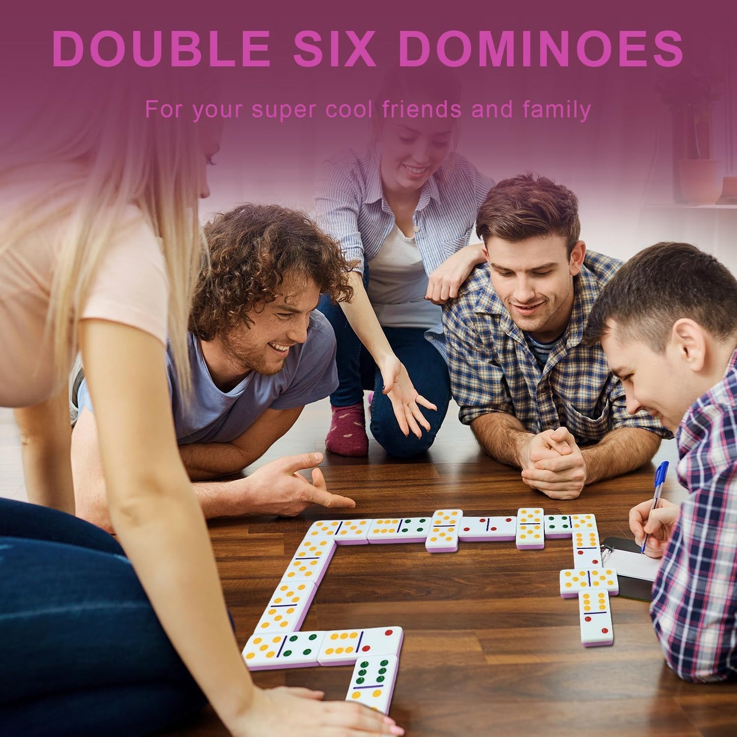 IDTQ Dominoes Set for Adults, Double 6 Dominos Game Set with 28 Domino Tiles Double with Upscale Gift Boxes -7 Polyhedral Dice -Classic Board Games (Pink)