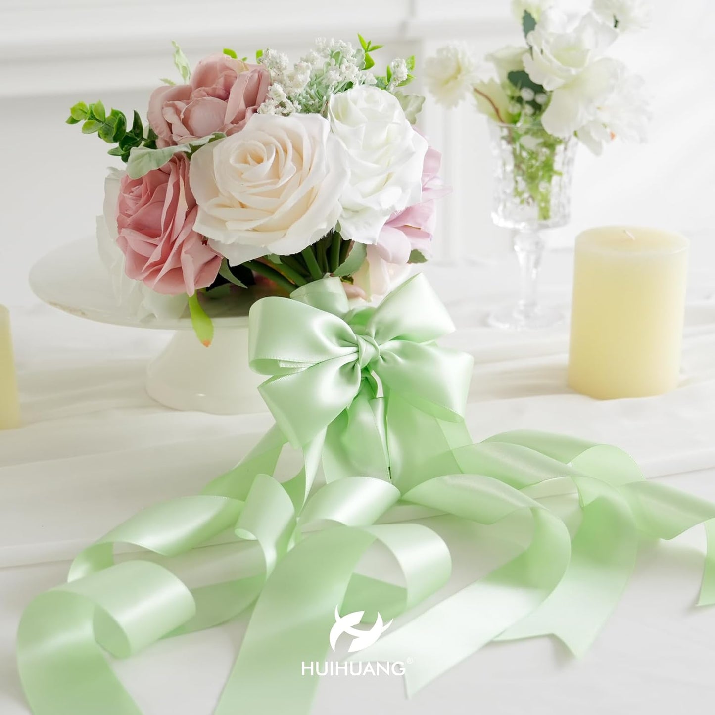 HUIHUANG Seafoam Green Ribbon 2 inch Wide Double Faced Satin Ribbon Pastel Green Ribbon for Gift Wrapping, Bows Making, Flower Bouquet, DIY Crafts, Wedding, Holiday Party Decor -25 Yards/Roll