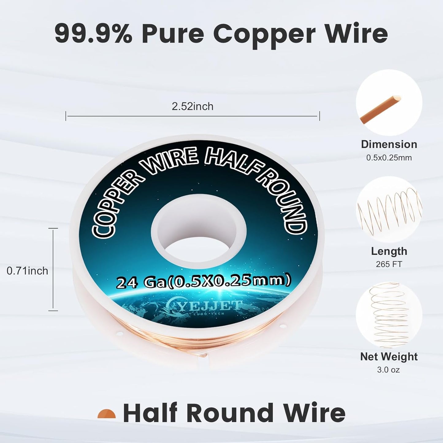 Industrial 24 Gauge Half Round Copper Wire - 3.0 oz (265 Feet) High Purity Copper Wire for Scientific Instruments