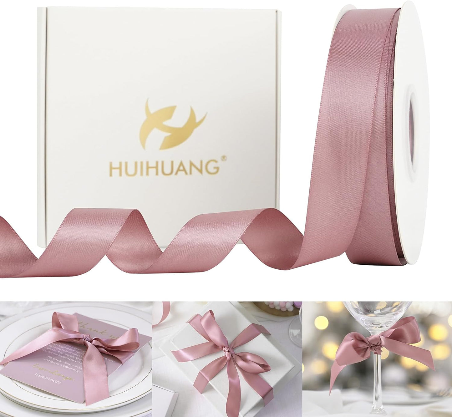 HUIHUANG Mauve Satin Ribbon 1 inch Dusty Rose Ribbon 50 Yards Double Face Silk Satin Ribbon for Wedding Decor Crafts Gift Wrapping Bows Bridal Floral Bouquet Invitation Card Birthday Party