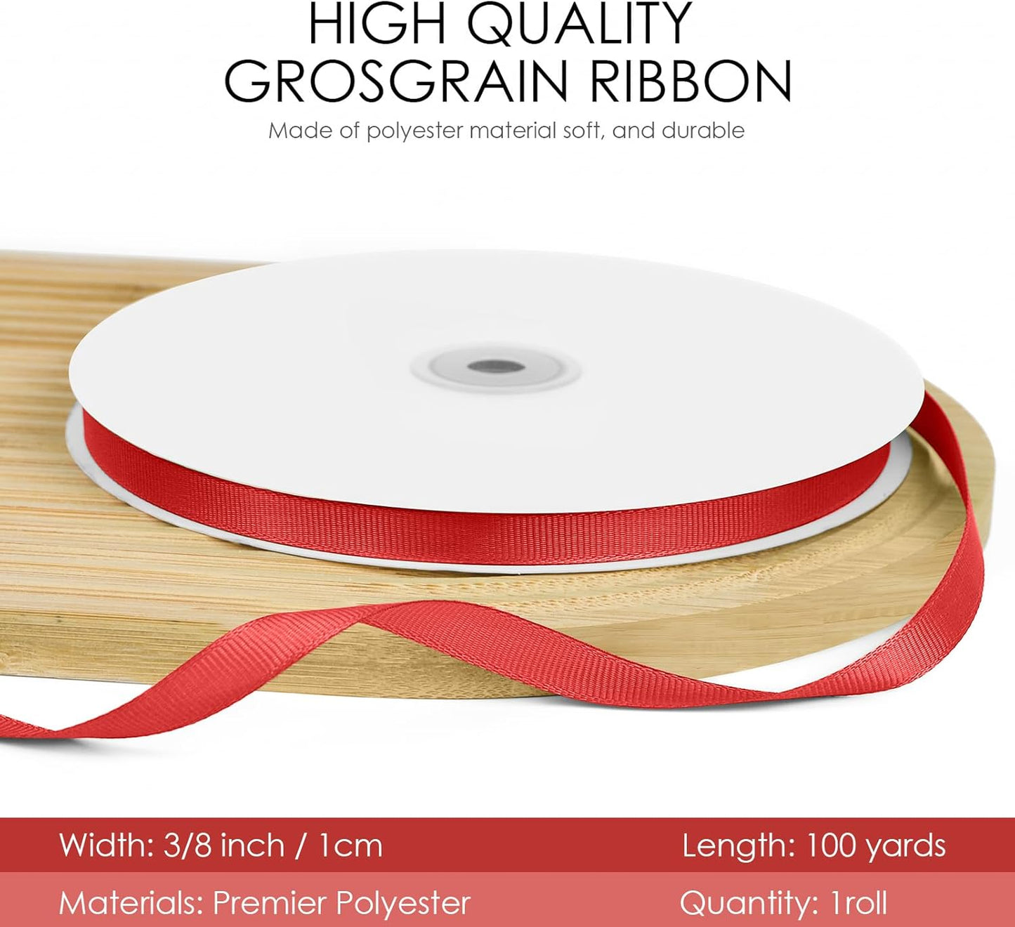 100 Yards 3/8 inch Grosgrain Ribbon, Solid Color Fabric Ribbon Perfect for Gift Wrapping, Wedding, Handmade Bows, Floral Bouquets and Party Decoration(red)