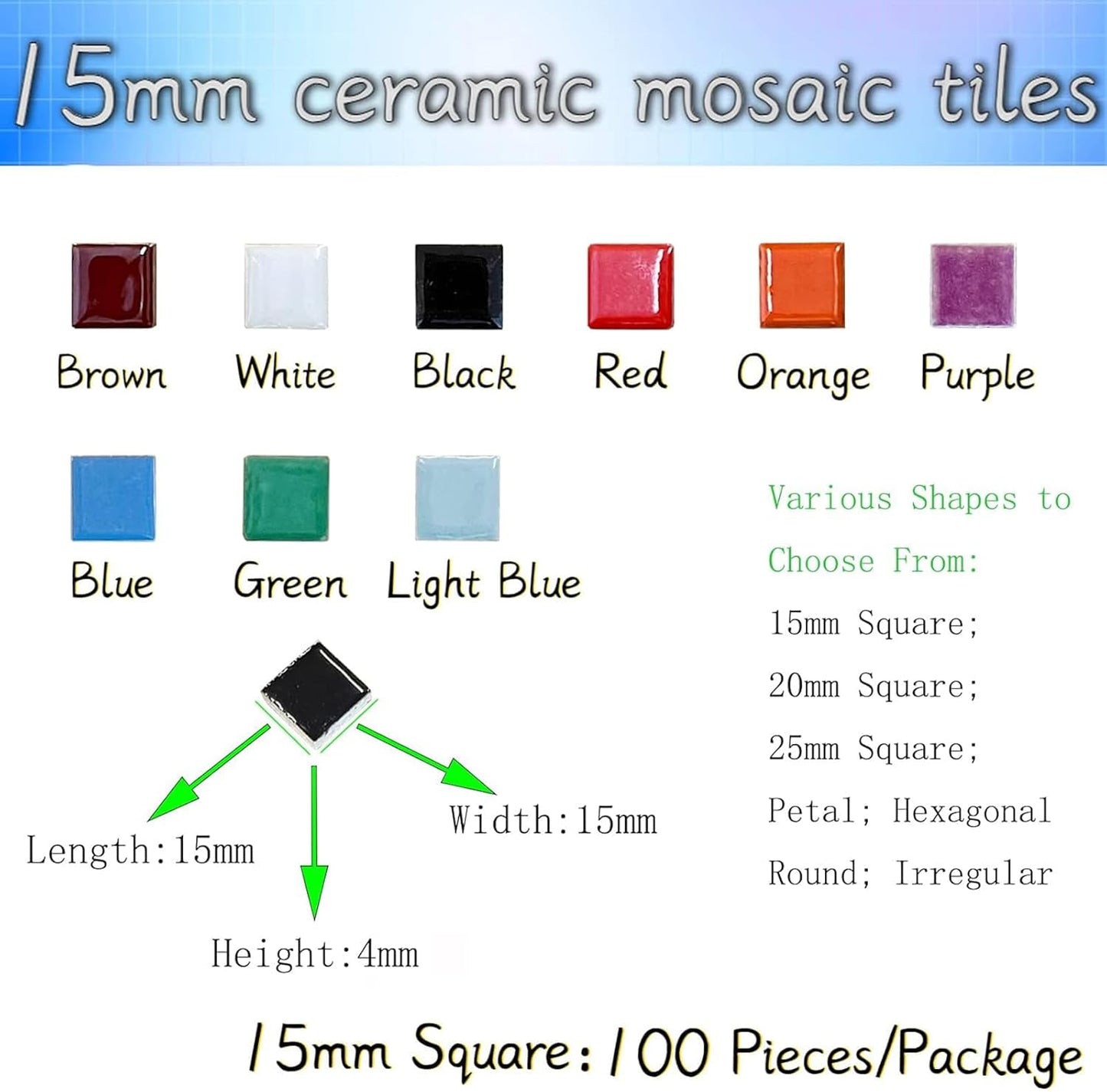 100 Pieces Ceramic Mosaic Tiles 3/5" Square Shapes Mosaic Ceramic Pieces Stained Ceramic Tiles Supplies for Crafts Beginner Mosaic Project Stepping Stones Mosaic Birdhouse Decor - Light Blue