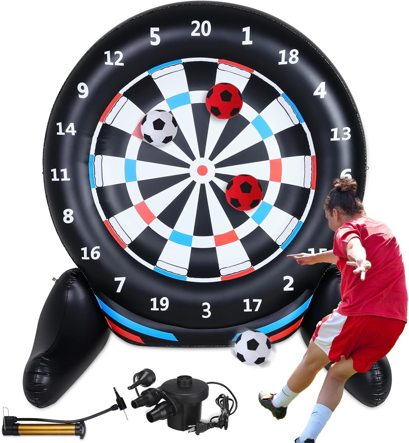 Inflatable Giant Kick Darts Games (Over 6ft Tall), Jumbo Outdoor Soccer Target Dartboard with Soccer Balls and Air Pump, Large Kick Game Carnival Games for Yard Family Kids Adults (Black)