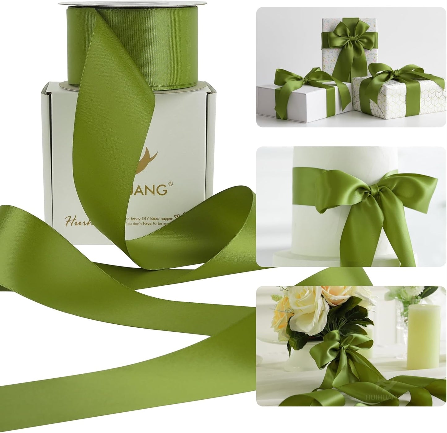 HUIHUANG Olive Green Ribbon 2 inch Wide Double Faced Satin Ribbon Green Ribbon for Gift Wrapping, Bows Making, Flower Bouquet, DIY Crafts, Bridal Shower, Holiday Party Decor -25 Yards/Roll