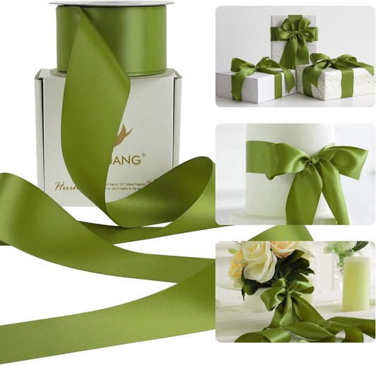 HUIHUANG Olive Green Ribbon 2 inch Wide Double Faced Satin Ribbon Green Ribbon for Gift Wrapping, Bows Making, Flower Bouquet, DIY Crafts, Bridal Shower, Holiday Party Decor -25 Yards/Roll