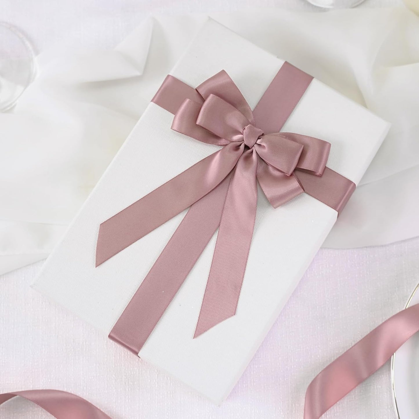 HUIHUANG Mauve Satin Ribbon 1 inch Dusty Rose Ribbon 50 Yards Double Face Silk Satin Ribbon for Wedding Decor Crafts Gift Wrapping Bows Bridal Floral Bouquet Invitation Card Birthday Party