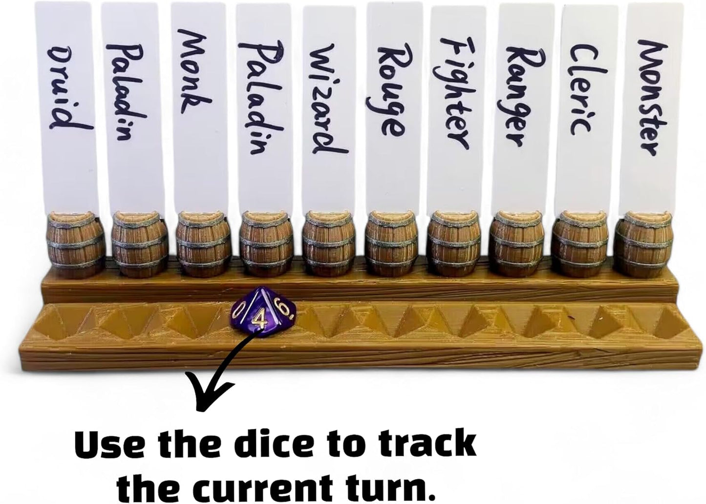 Initiative Tracker with 10 Barrel Slots, Erasable Name Tags, and Dice for Tracking Order. Ideal for DND and Other TTRPGs Brown