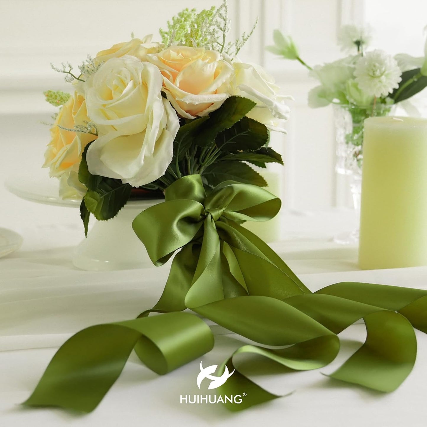 HUIHUANG Olive Green Ribbon 2 inch Wide Double Faced Satin Ribbon Green Ribbon for Gift Wrapping, Bows Making, Flower Bouquet, DIY Crafts, Bridal Shower, Holiday Party Decor -25 Yards/Roll