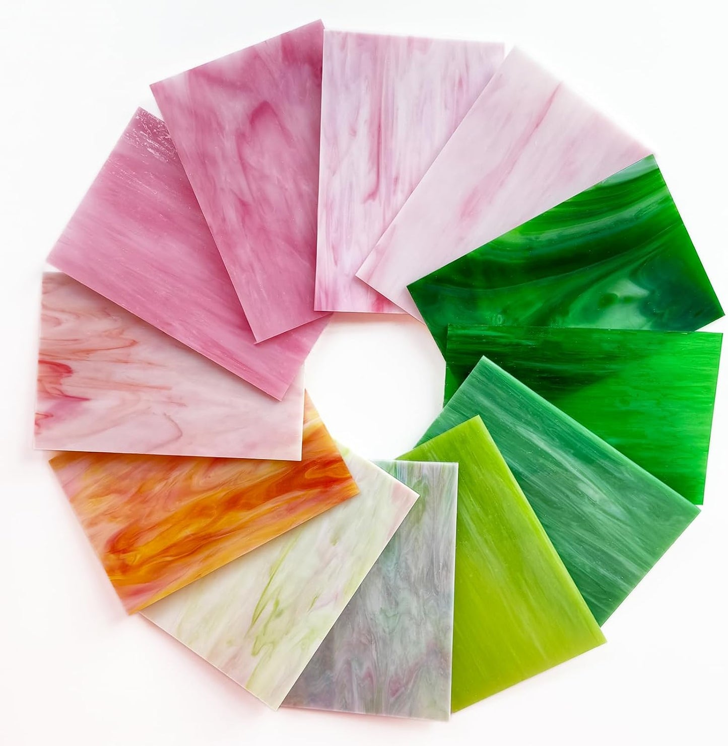 ILLUCKAI 12 Sheets Stained Glass Sheet Pink and Green Collection, 6 x 4 inch Stained Glass Mosaic Tiles for Stained Glass Projects Mosaic Crafts