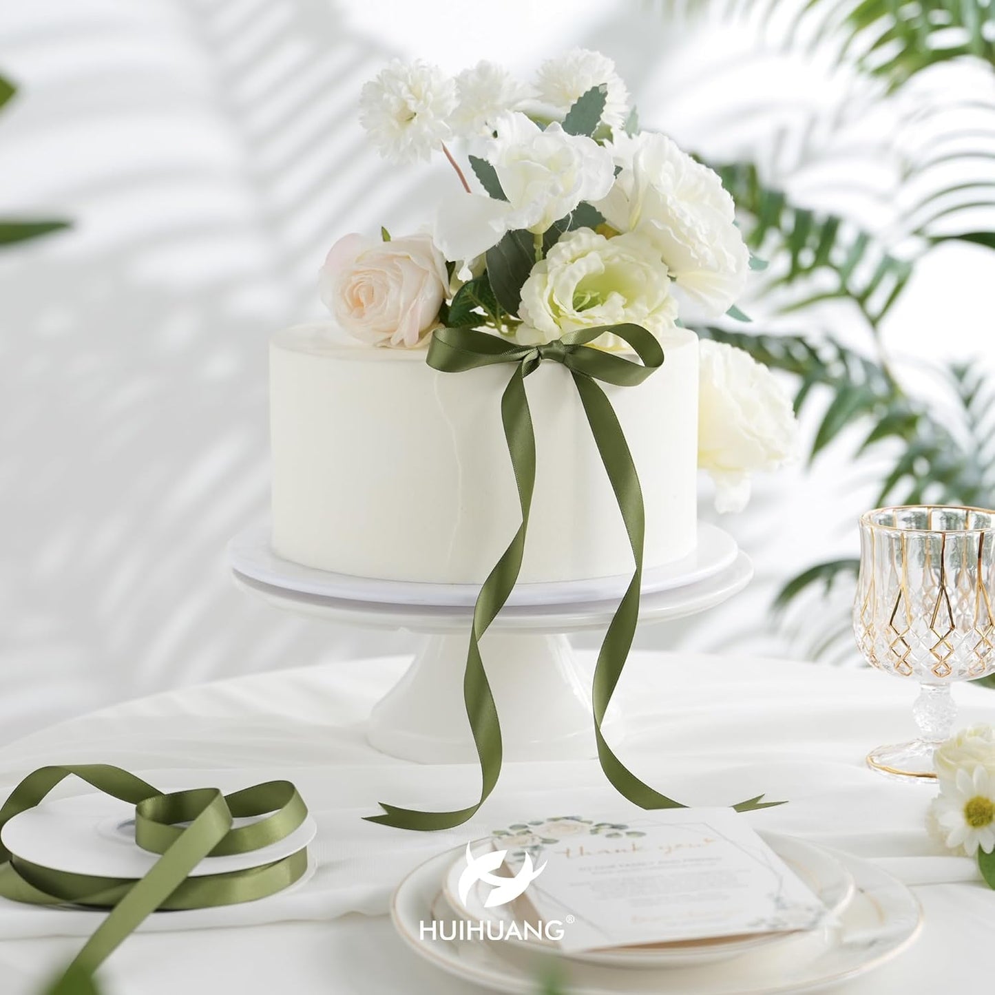 HUIHUANG Moss Green Satin Ribbon 1/2 inch X 50 Yards Continuous, Green Double-Faced Satin Ribbon for Gift Wrapping, Bows, DIY Crafts, Flower Bouquet, Wedding Bridal Shower Decor