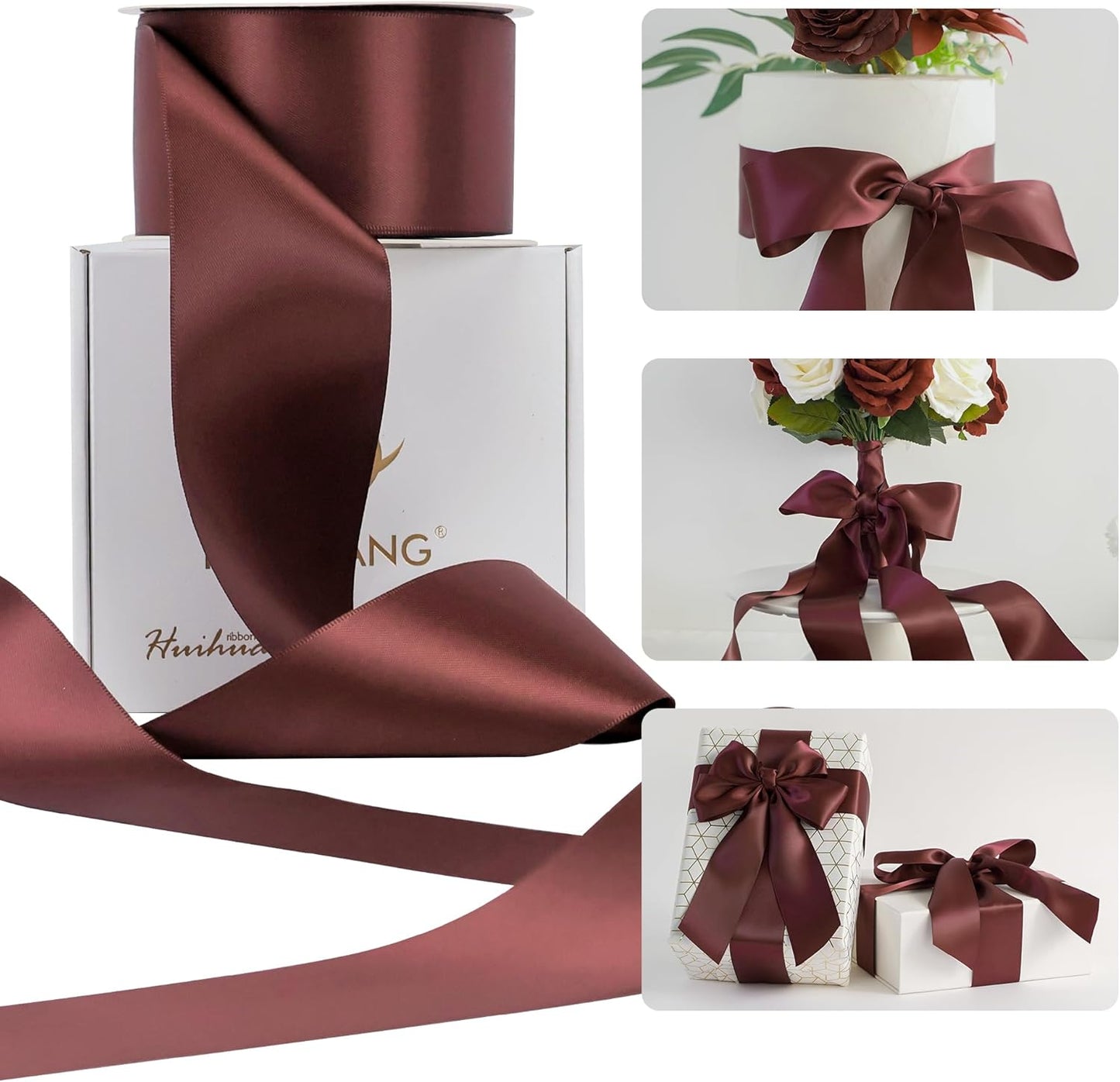 HUIHUANG Burgundy Ribbon 2 inch Double Side Burgundy Satin Fabric Ribbon for Crafts, Bows Making, Flower Bouquet Wrap, Gift Wrapping, Wedding Decor, Home Decor, Hairs-25 Yards/Roll