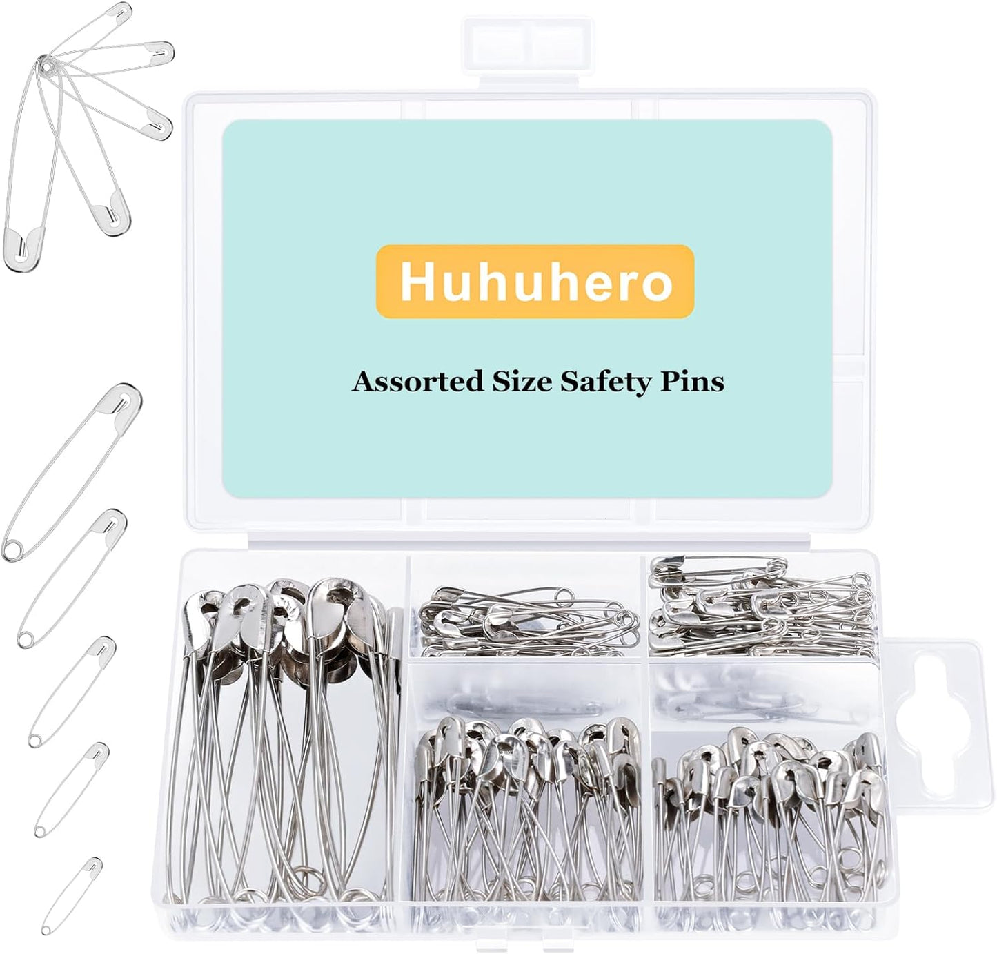 Huhuhero 150Pcs Safety Pins, Large & Small Safety Pins for Clothes Sewing Craft, Nickel Plated Steel Assorted Size Pins Bulk, Art and Craft Supplies (Sliver)