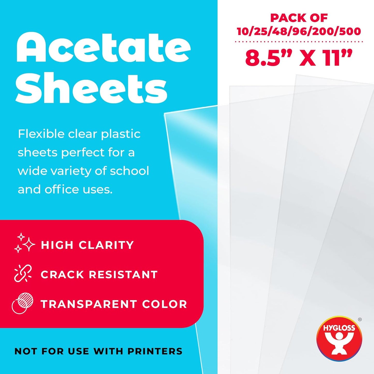 Hygloss 8.5" x 11" Acetate Paper - 7 Mil Clear Acetate Sheets for Crafts Projects, Classroom Stencil Sheets, Overhead Transparency Sheets for Projector, Clear Plastic Sheet (Not for Printers) 10 Pack