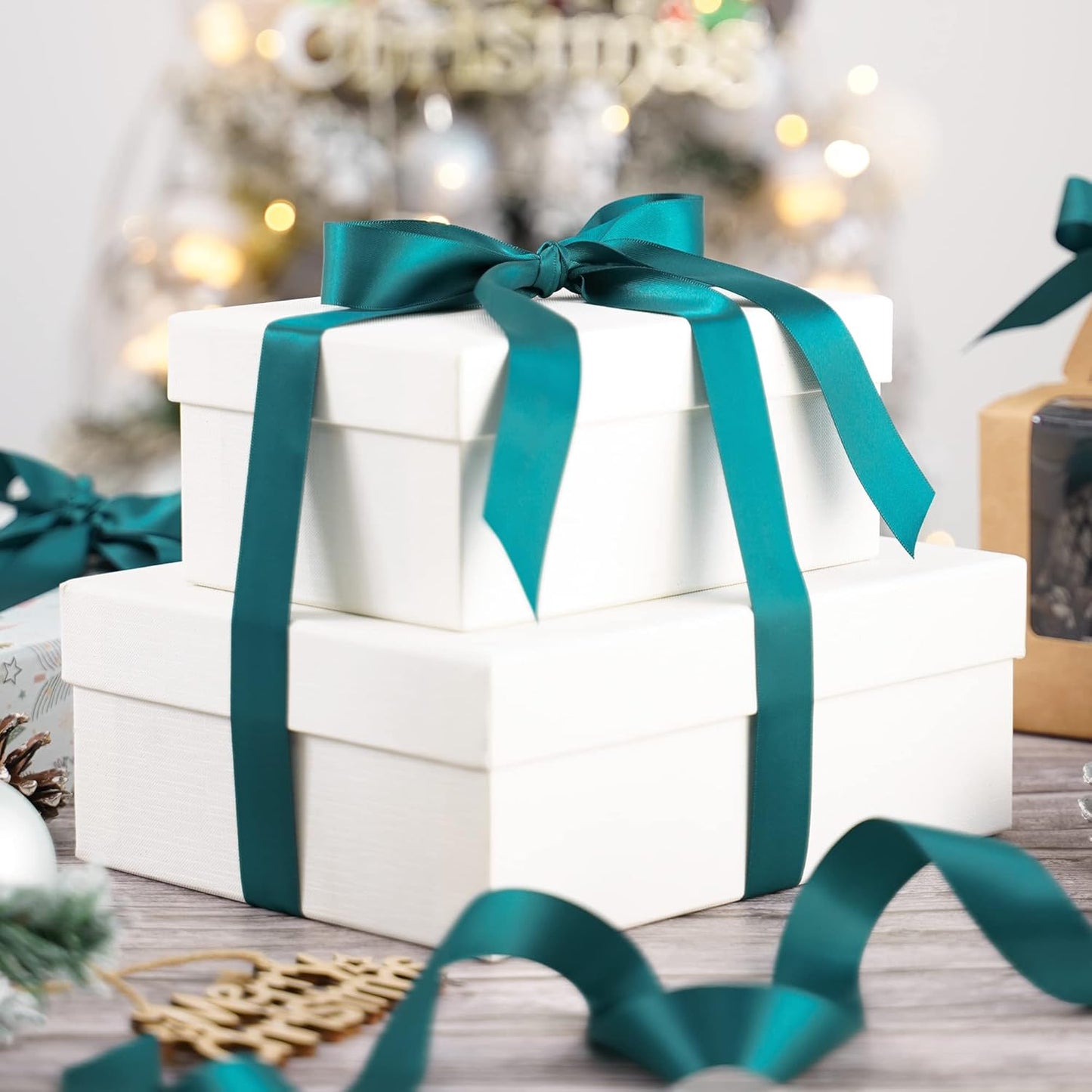 HUIHUANG Teal Green Ribbon 1 inch x 50 Yards Double-Faced Satin Silk Ribbon for Gift Wrapping, Crafts, Wedding, Christmas Tree Decor