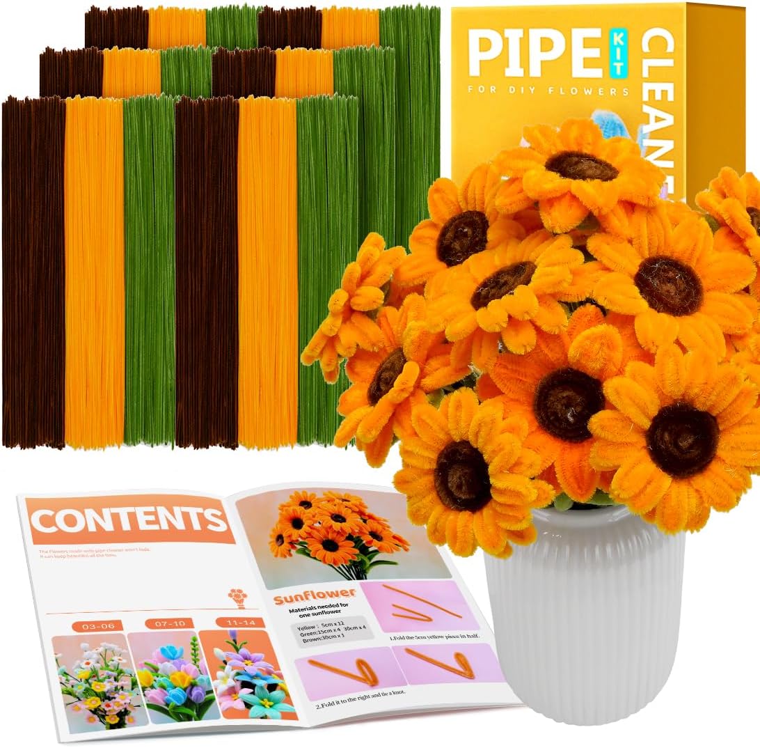 IOOLEEM Pipe Cleaners, 480pcs Yellow Sunflowers, Flower Making Kit, Arts and Craft Supplies, Ideas for Art Project Activity.