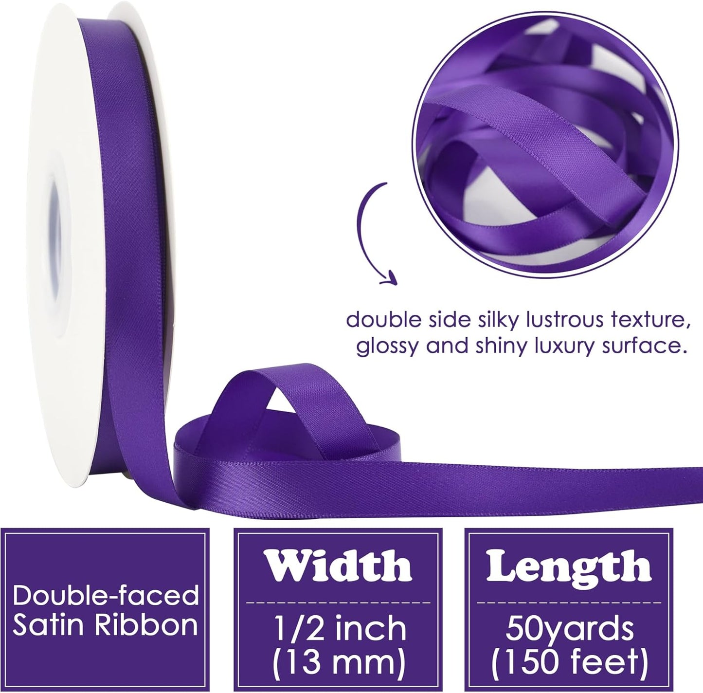 HUIHUANG Purple Satin Ribbon 1/2 inch X 50 Yards Continuous, Double-Faced Satin Ribbon for Gift Wrapping, Bows, DIY Crafts, Flower Bouquet, Wedding Decor, Holiday Party Decor