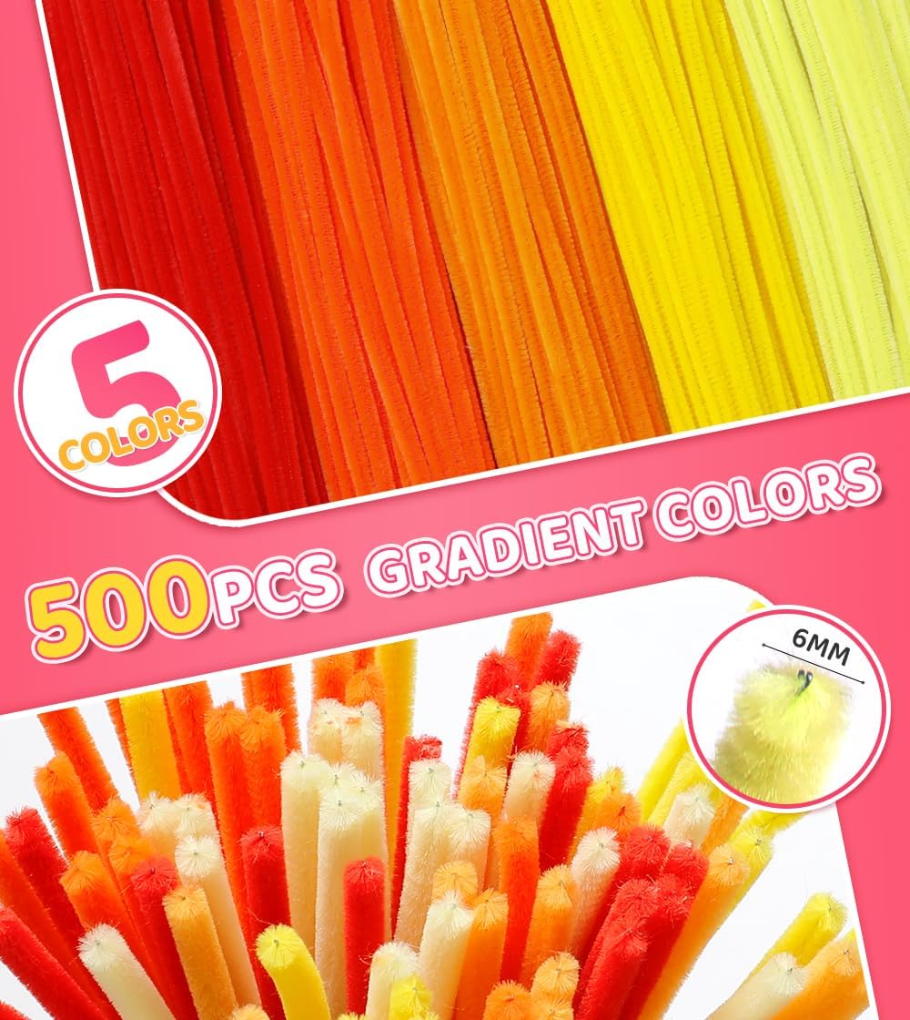 IOOLEEM Orange Pipe Cleaners,500pcs in 5 Colors, Chenille Stems for Art and Craft Projects, Flower DIY Decorations