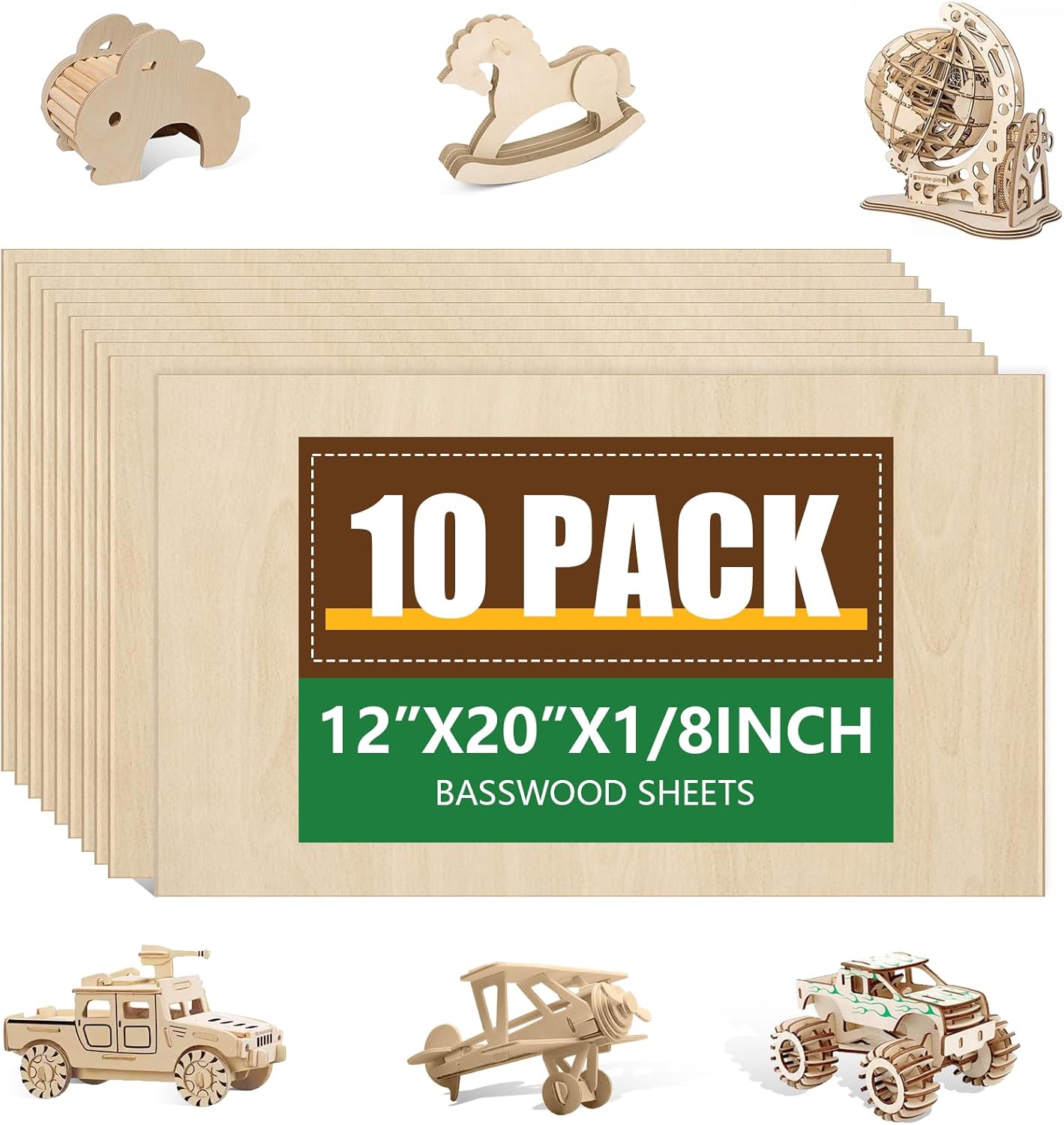 10 Pack Basswood Sheets 1/8x12x20 Inch, Unfinished Wood for Crafts, 3mm Basswood for Laser Cutting & Engraving, Wood Burining,Architectural Models, Plywood for Painting.