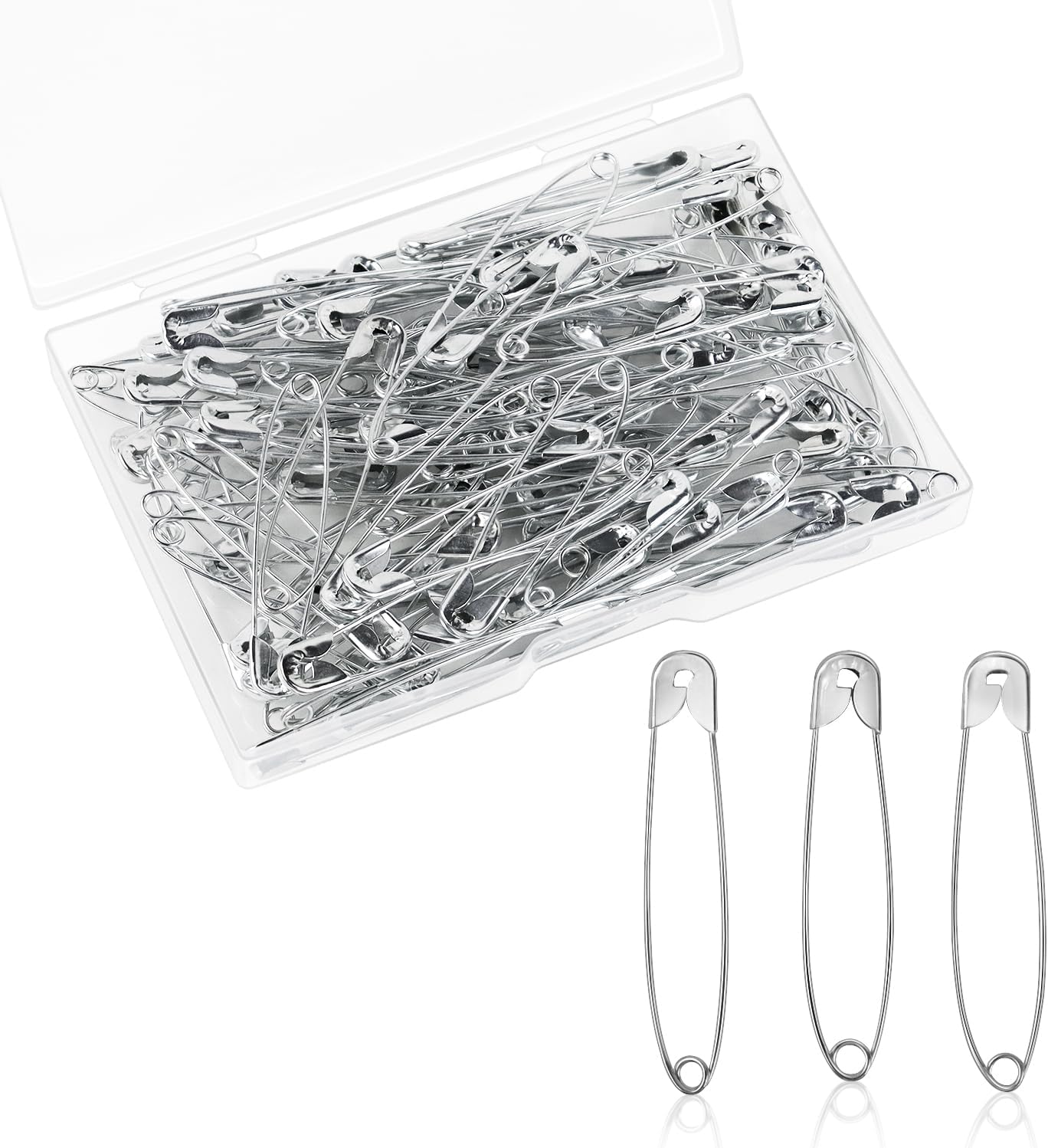 100 Pack Silver Safety Pins Assorted, Galvanized Steel Bulk Safety Pins for Sewing, Clothes, Arts & Craft (2.1 Inch / 54 mm)