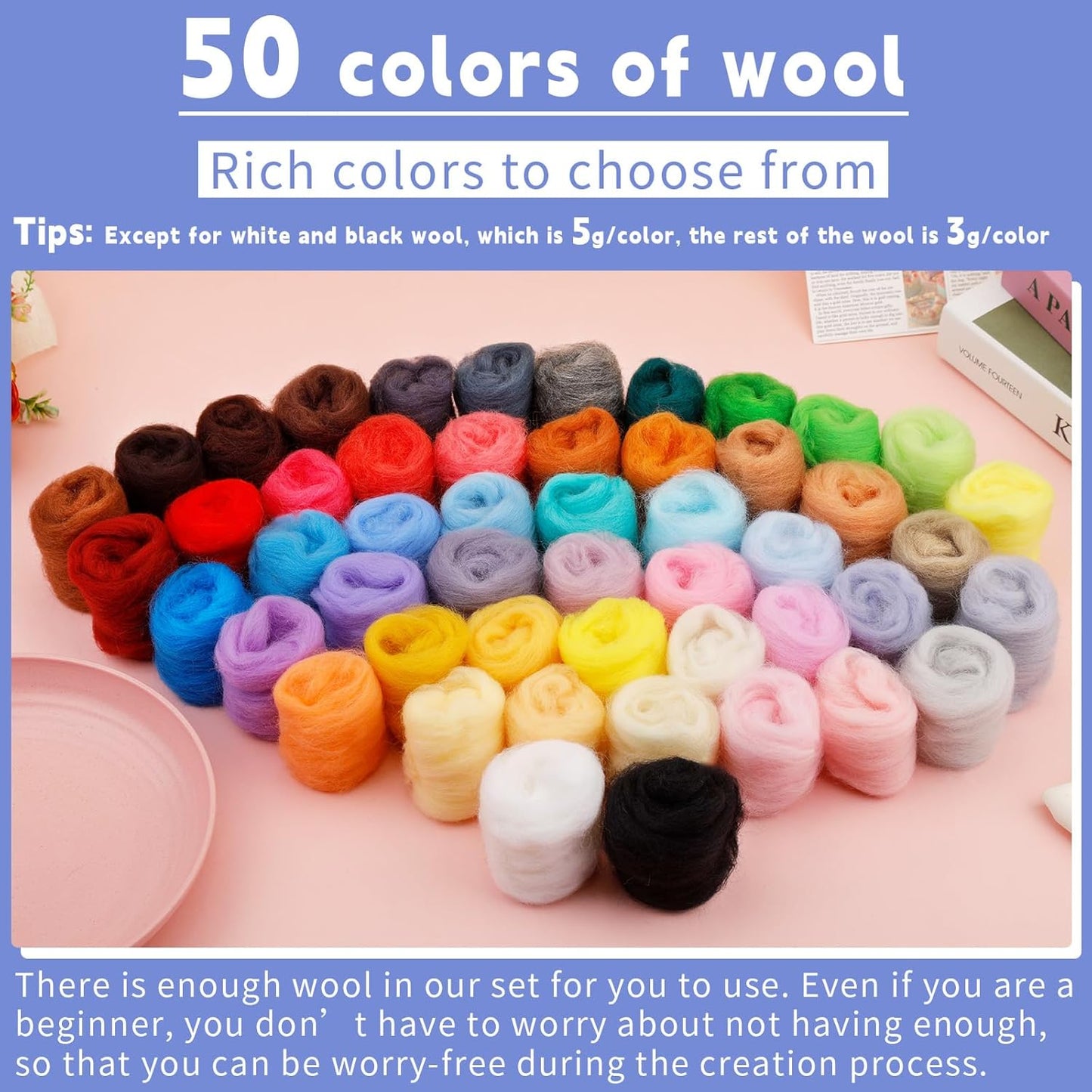 IMZAY 50 Colors 5.4 Oz Needle Felting Wool, 3g/Pack Wool Roving Yarn for Beginners, Fiber Wool Roving for DIY Hand Spinning, Felting Crafts, Needle Felt Roving DIY Craft, Black/White 5g Each