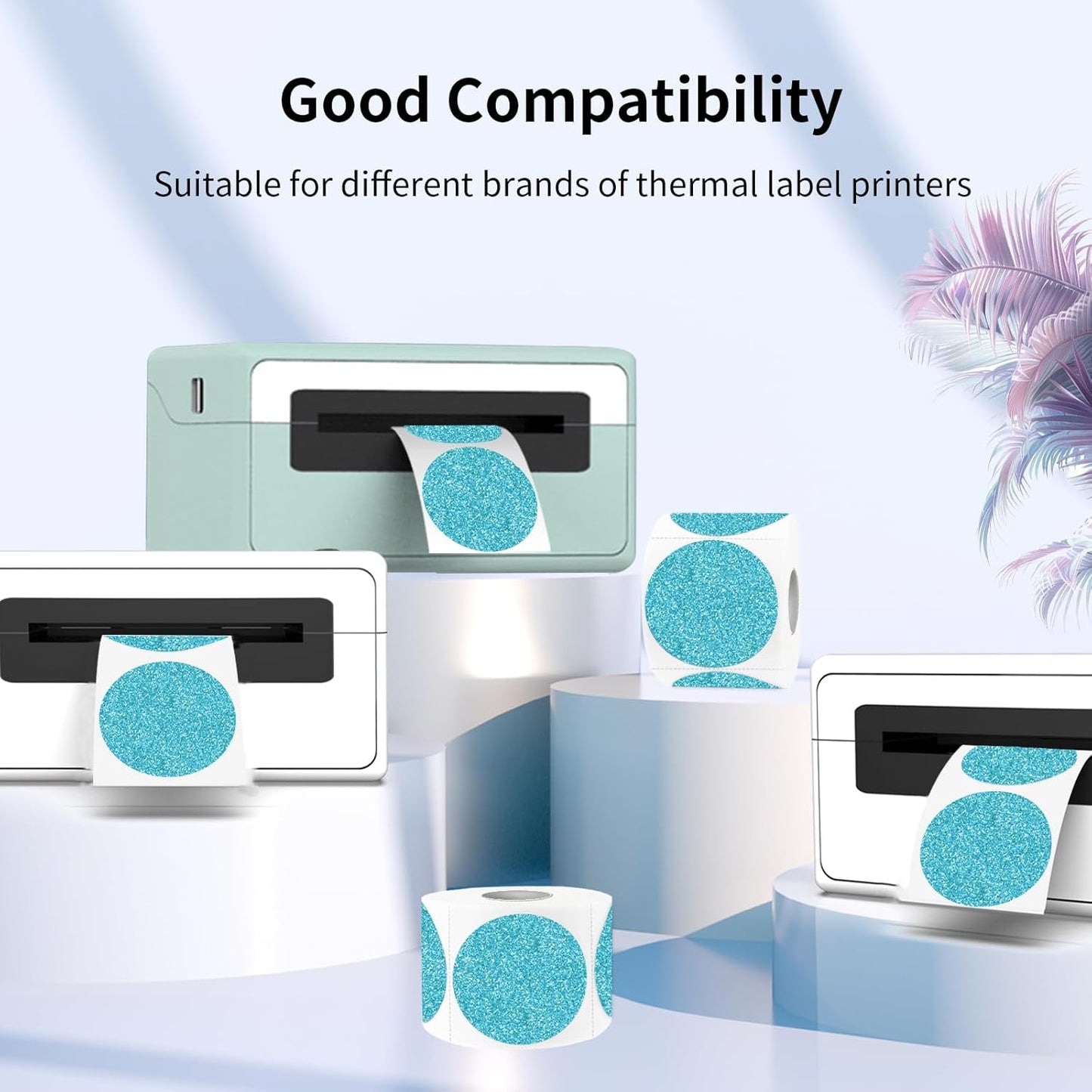 1.5" Holographic Direct Thermal Label Stickers, Round Printable Rainbow Glitter Thermal Printer Sticker Labels for Gift Wrapping, Self-Adhesive DIY Custom Logo Design- Glitter Blue