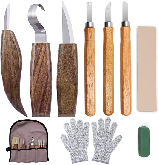 10Pcs Wood Carving Kit, Beginner Set With Resistant Gloves, Spoon & Whittling Knife, Sandpaper for Woodworking